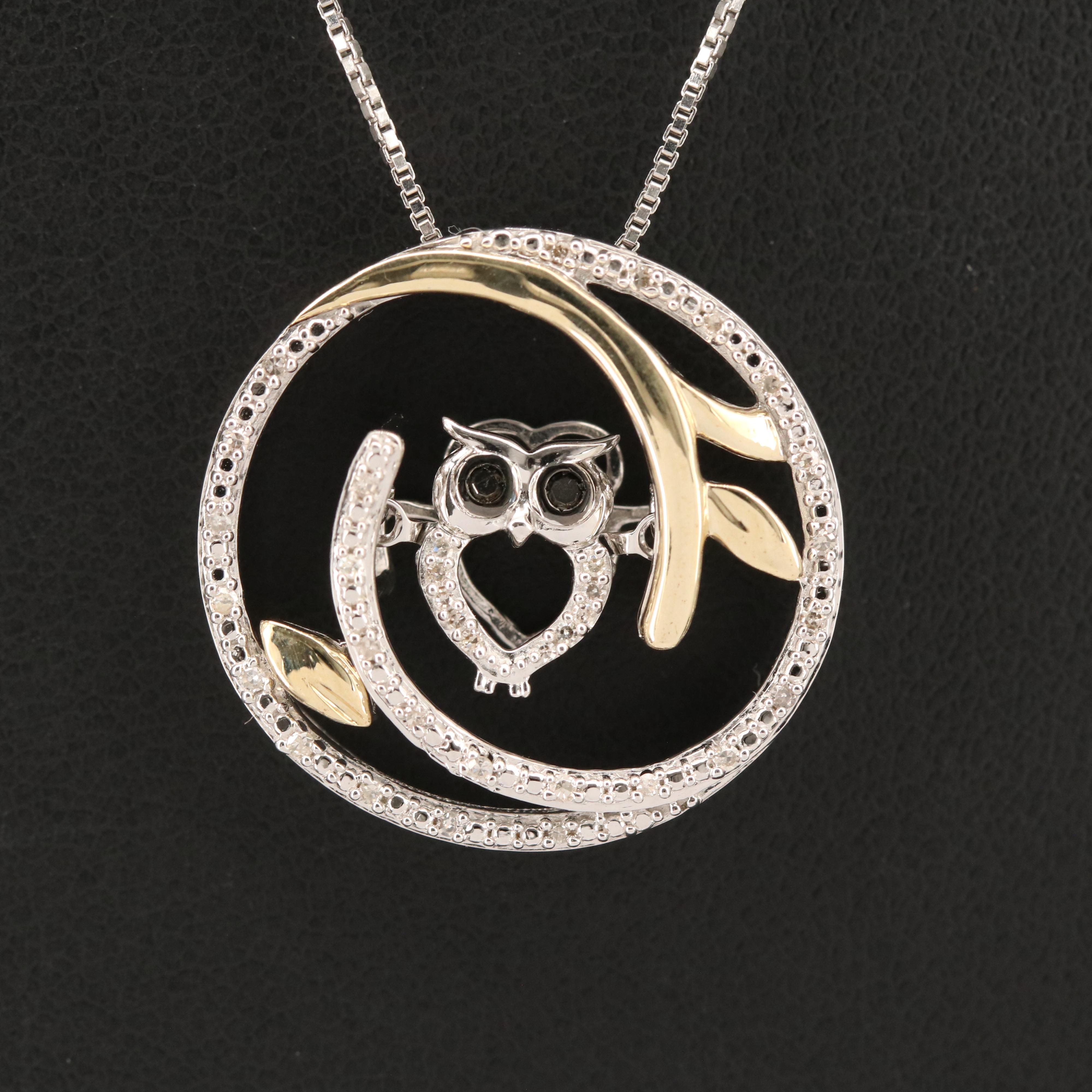 Sterling Diamond Owl Pendant Necklace with 10K Accent