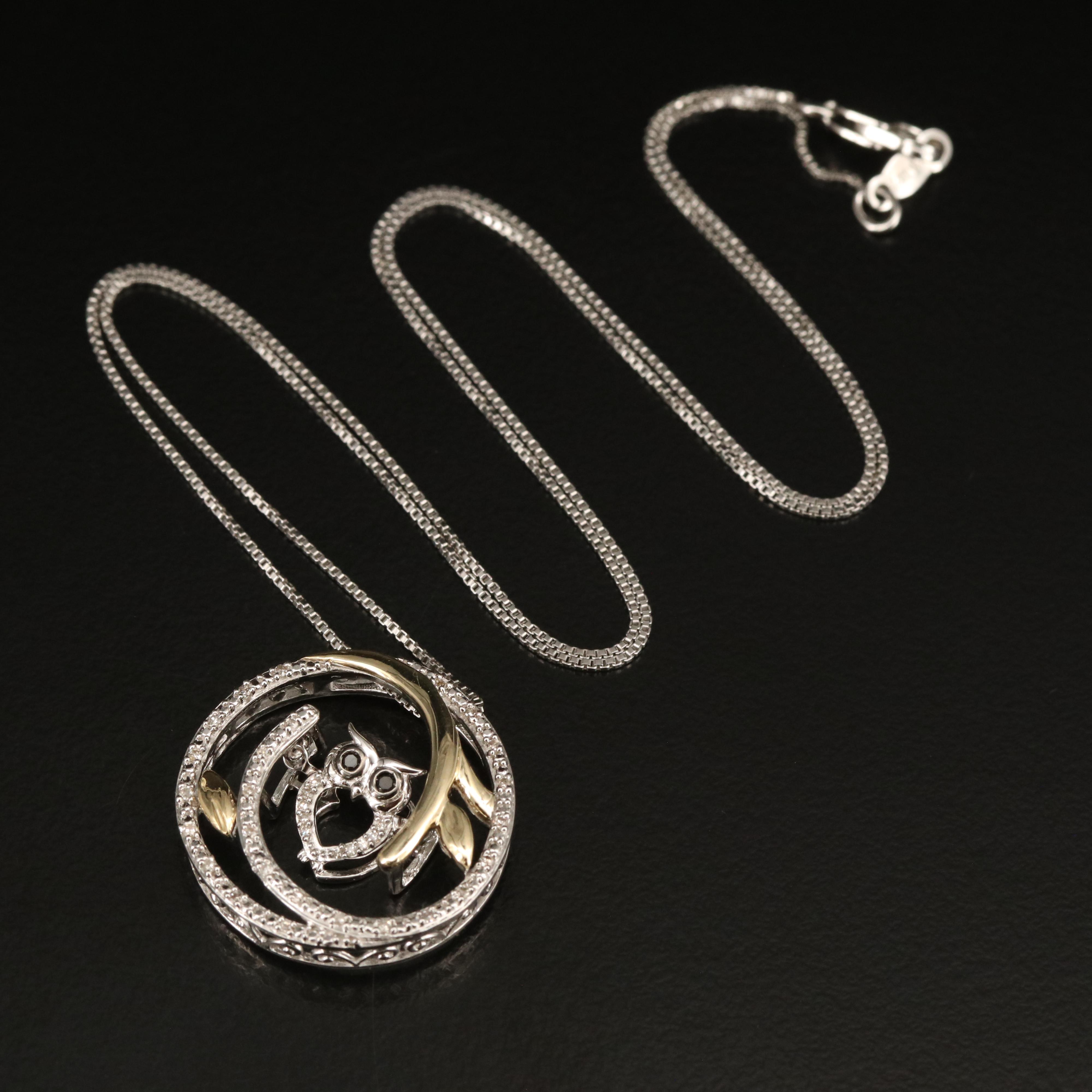 Sterling Diamond Owl Pendant Necklace with 10K Accent