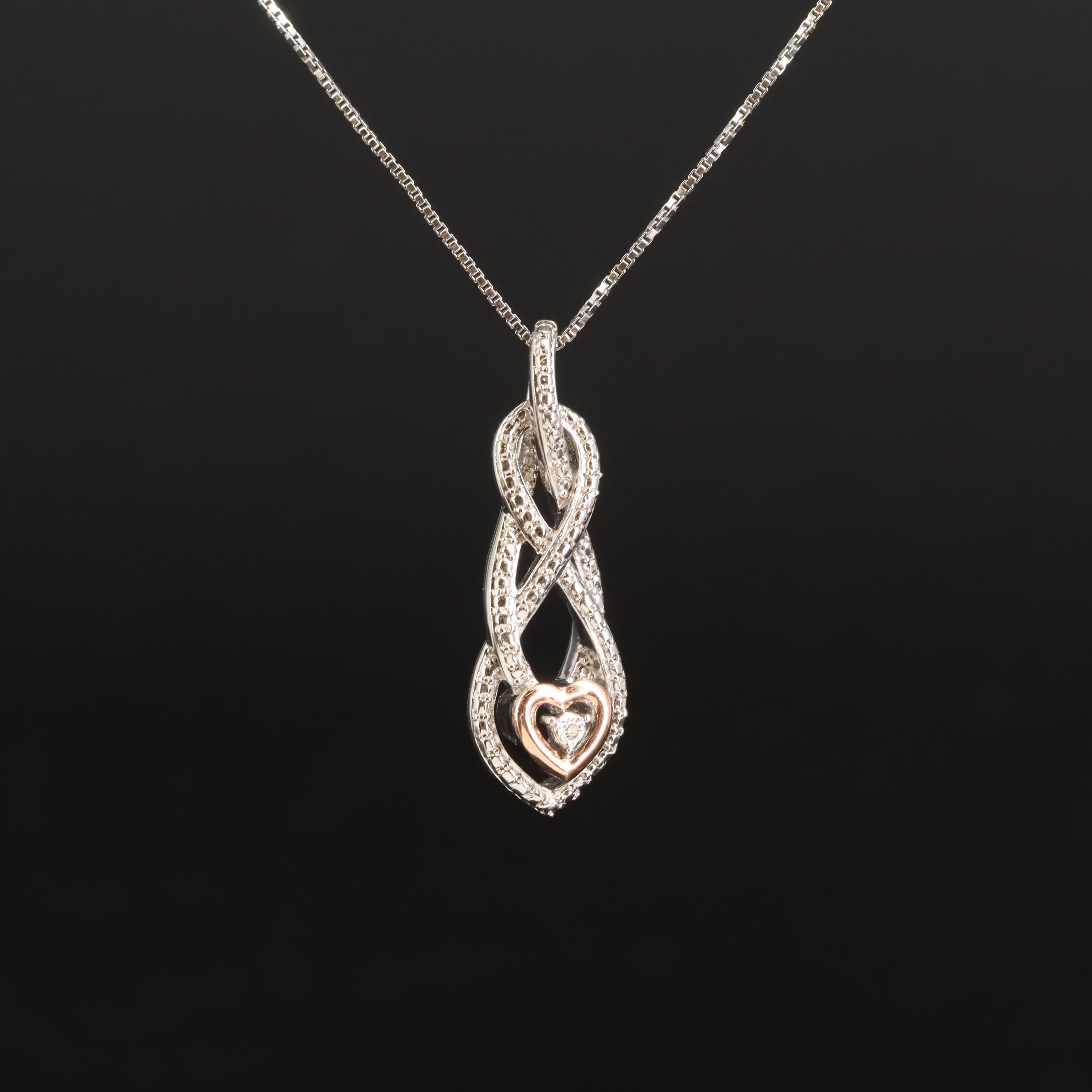 Sterling Diamond Heart Pendant Necklace with 10K Rose Gold Accent