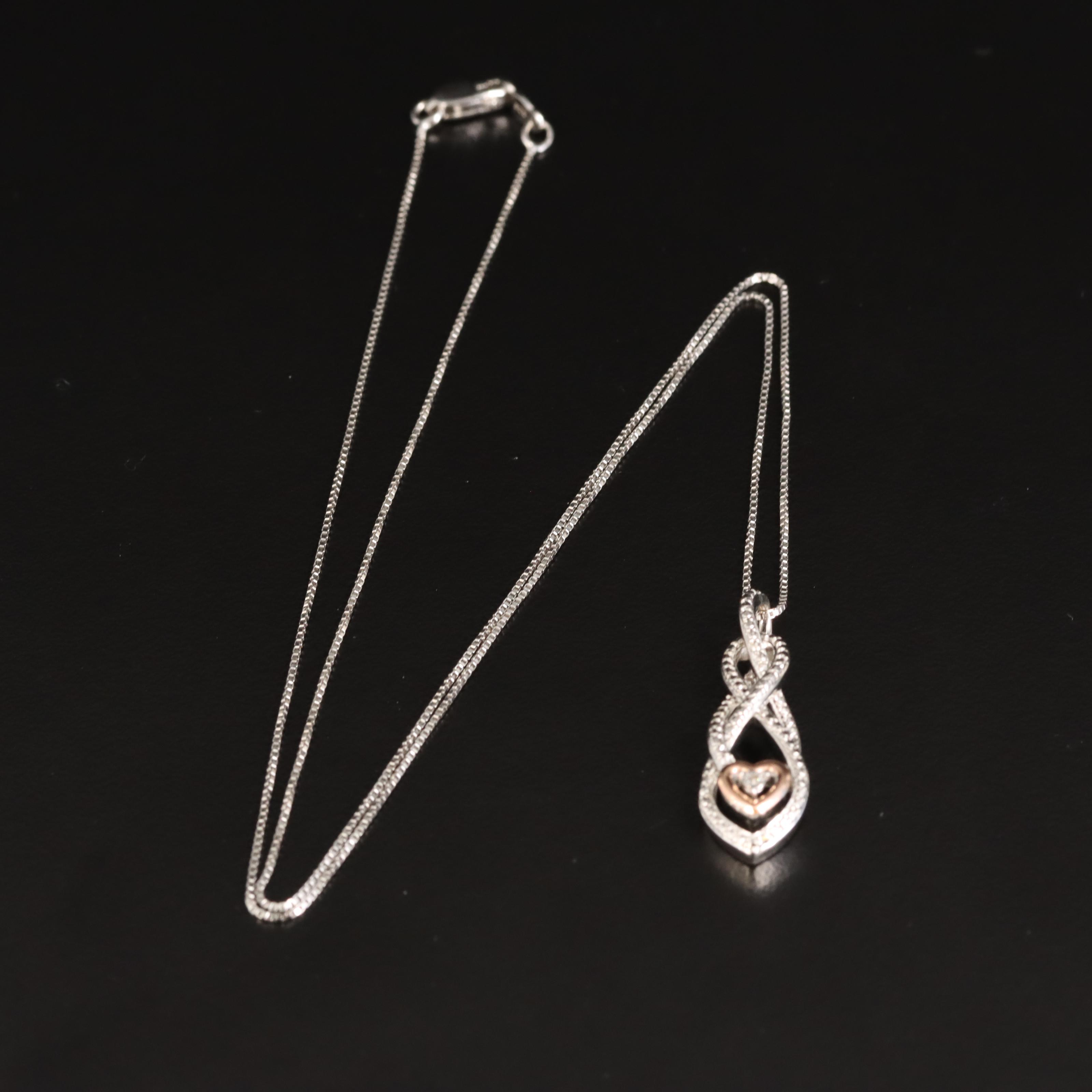 Sterling Diamond Heart Pendant Necklace with 10K Rose Gold Accent