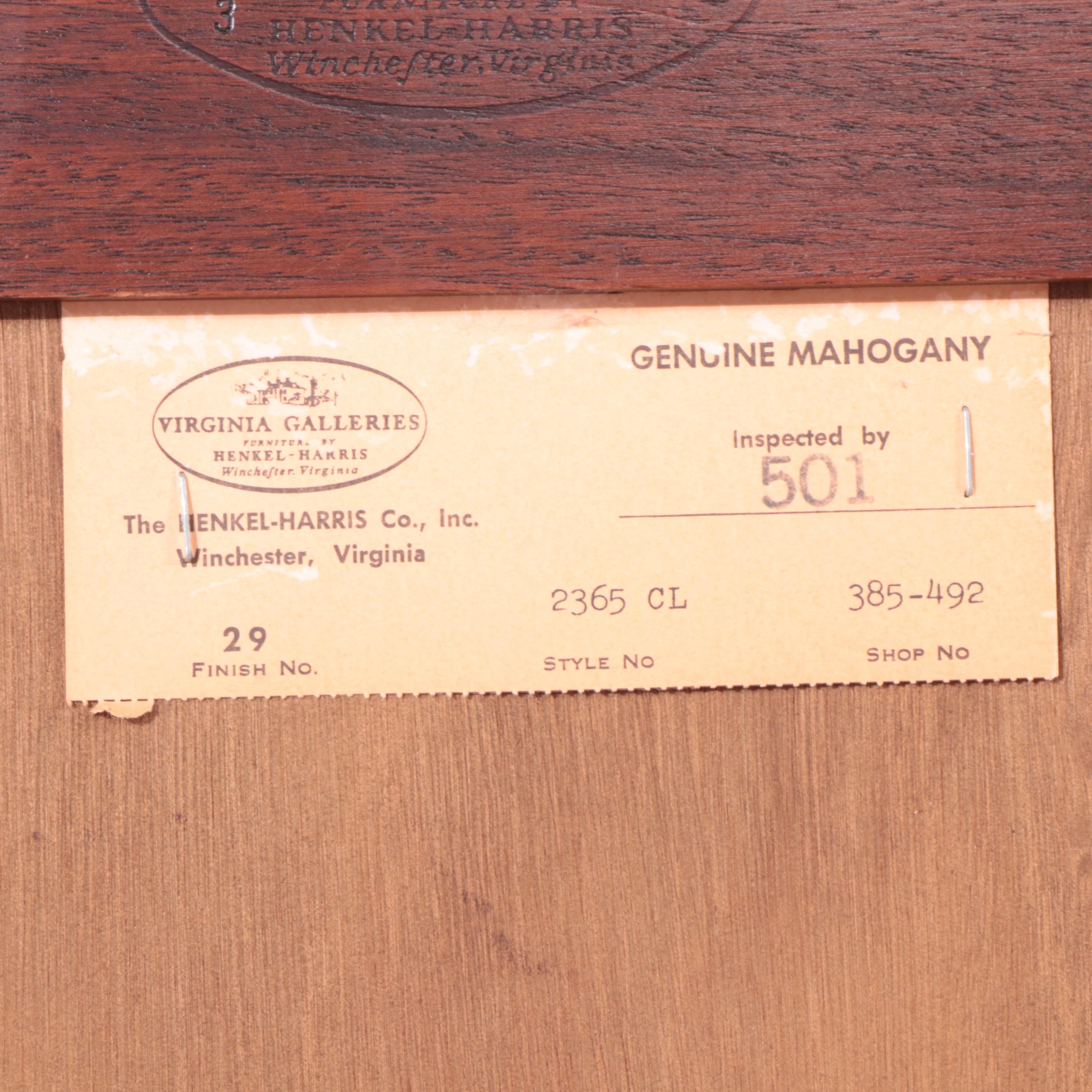 Henkel-Harris "Virginia Galleries" Mahogany Breakfront China Cabinet, dated 1987