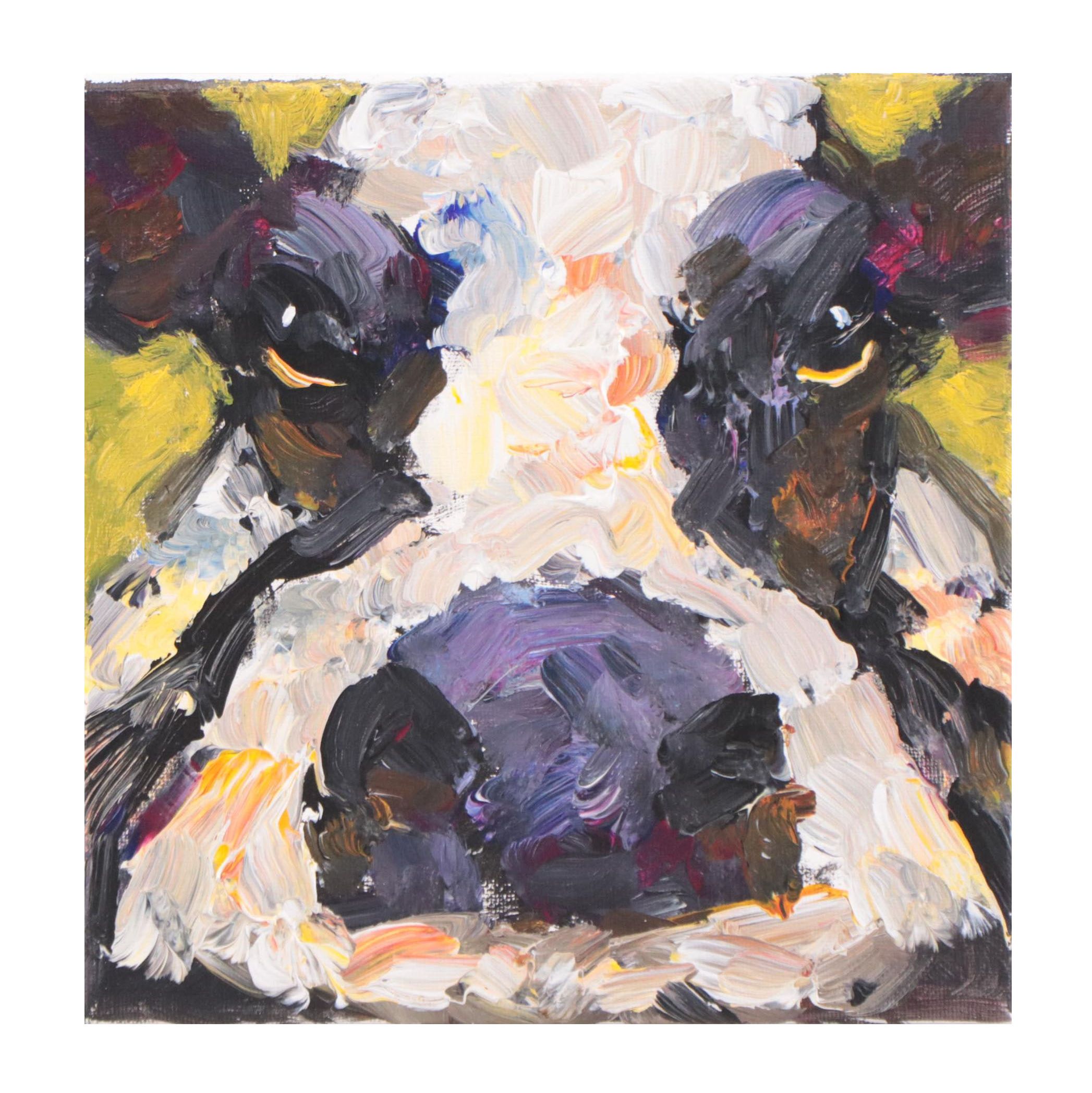 Elle Raines Acrylic Painting of Cow Portrait, 21st Century