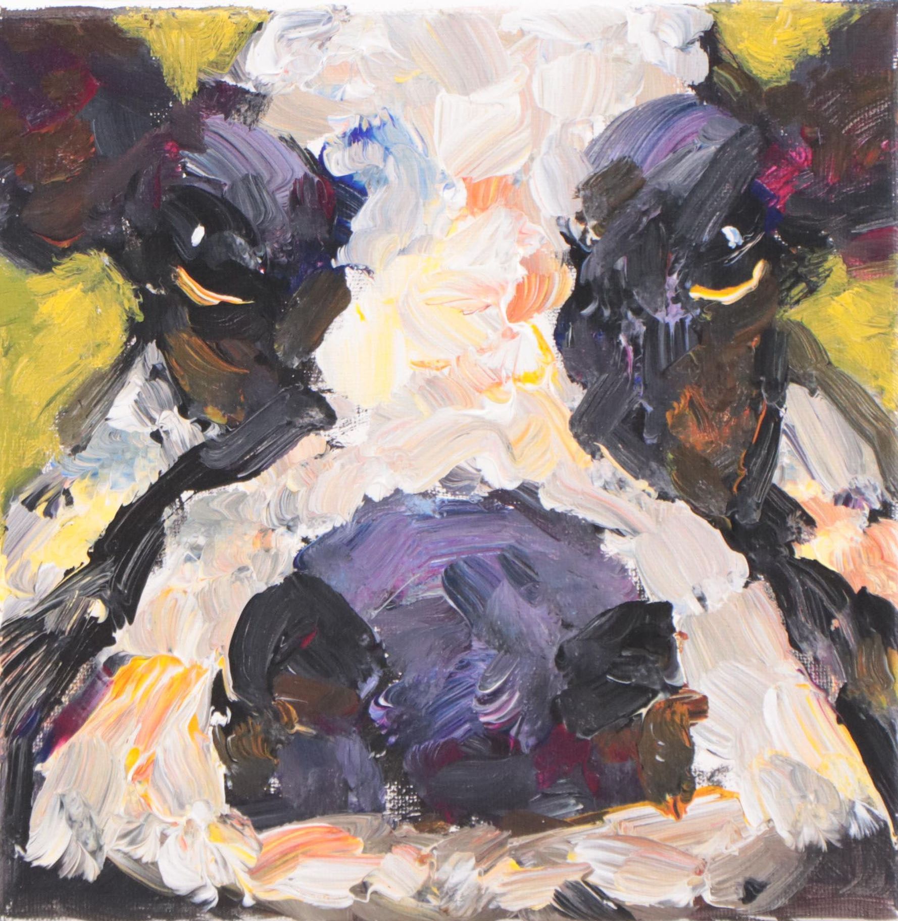 Elle Raines Acrylic Painting of Cow Portrait, 21st Century