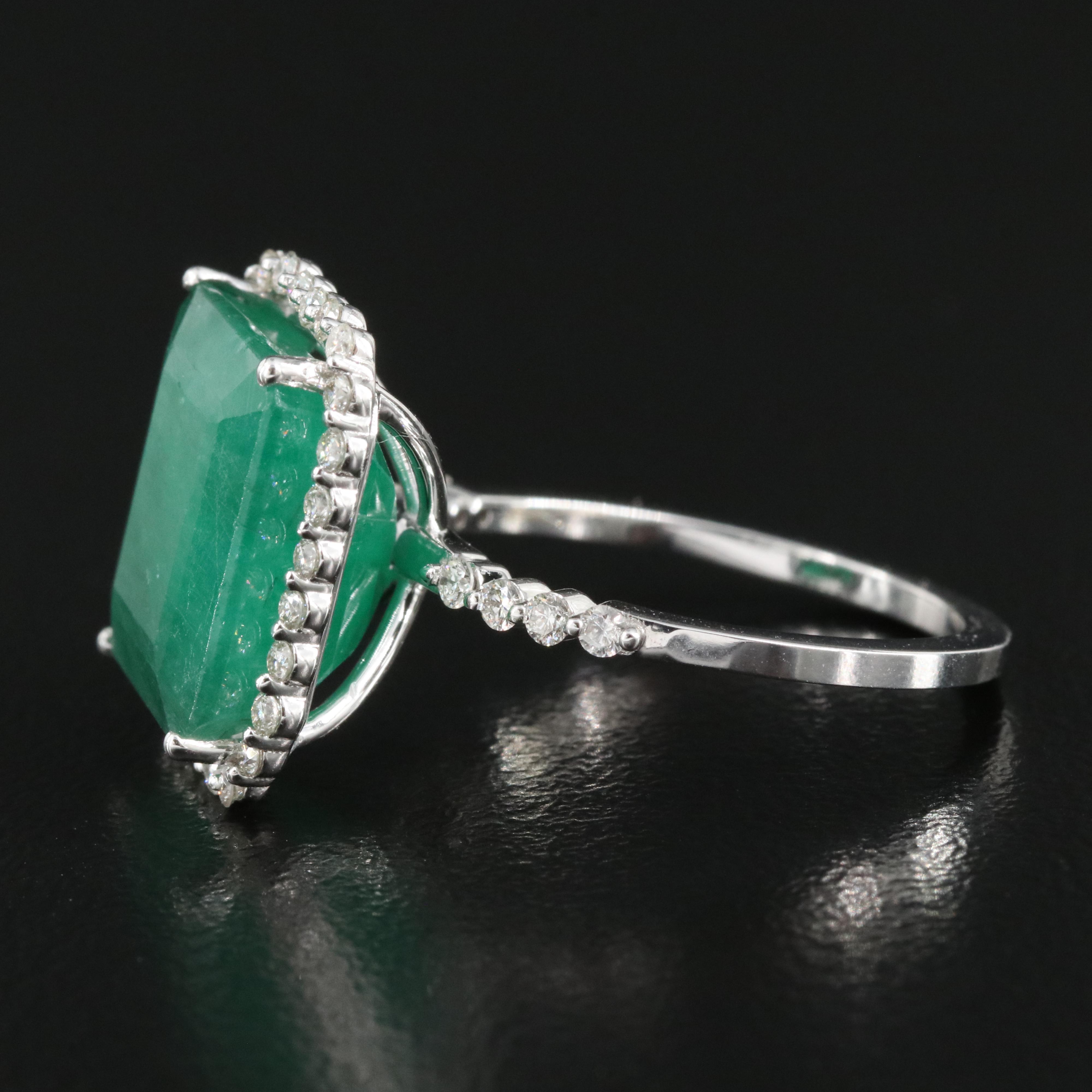 18K 7.62 CT Emerald and Diamond Halo Ring