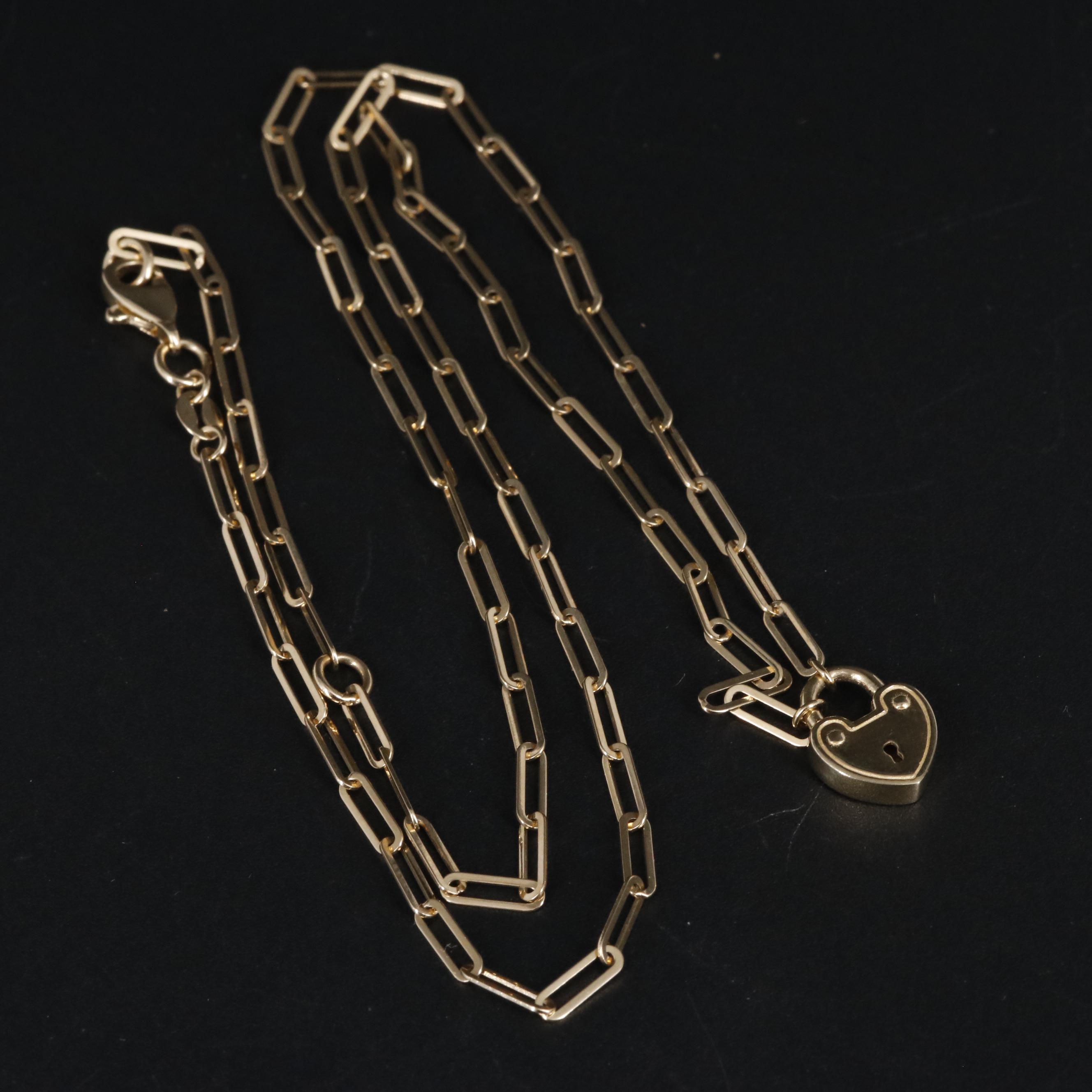10K Paper Chip Chain and Heart Lock Necklace