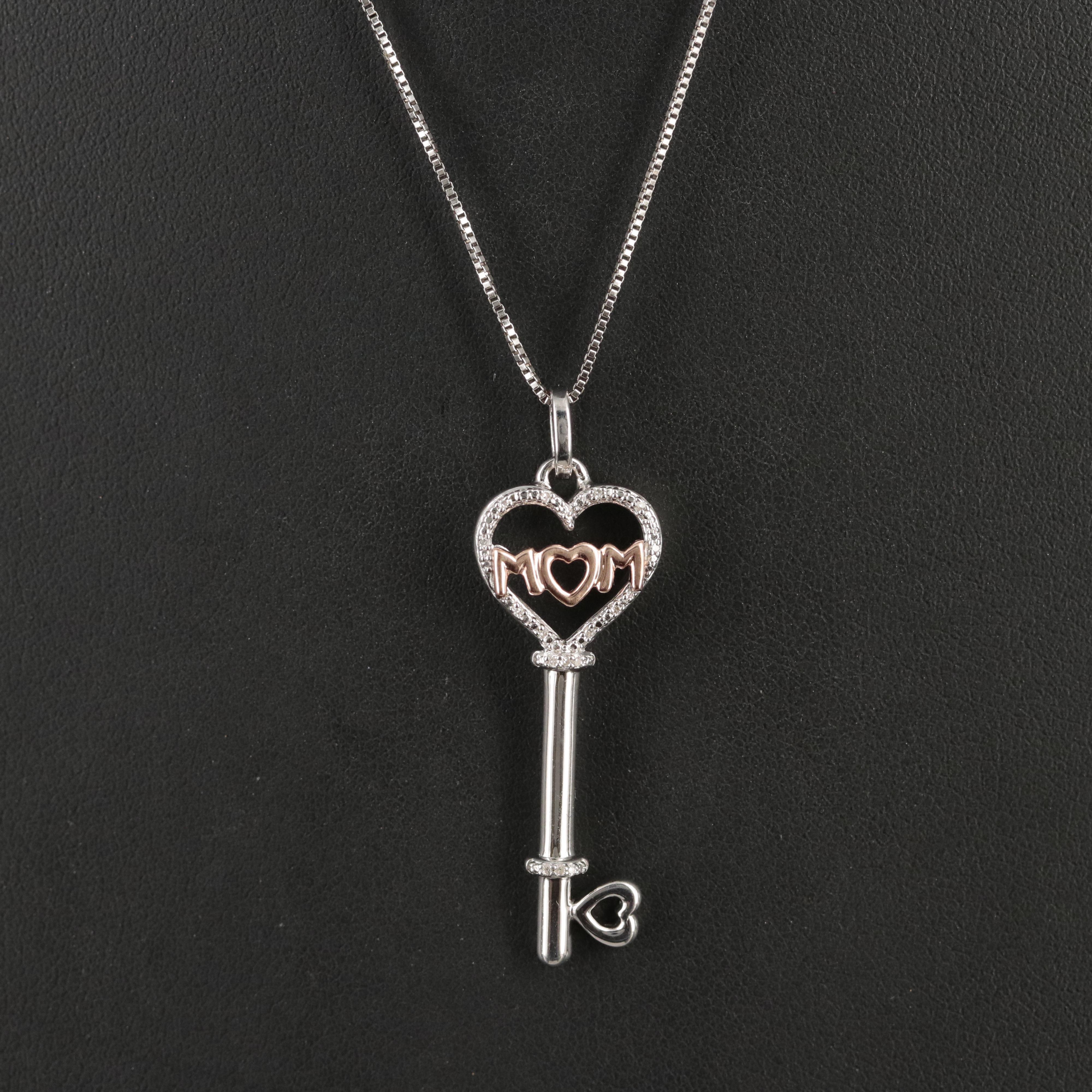 Sterling Diamond "Mom" Heart Key Pendant Necklace with 10K Rose Gold Accents