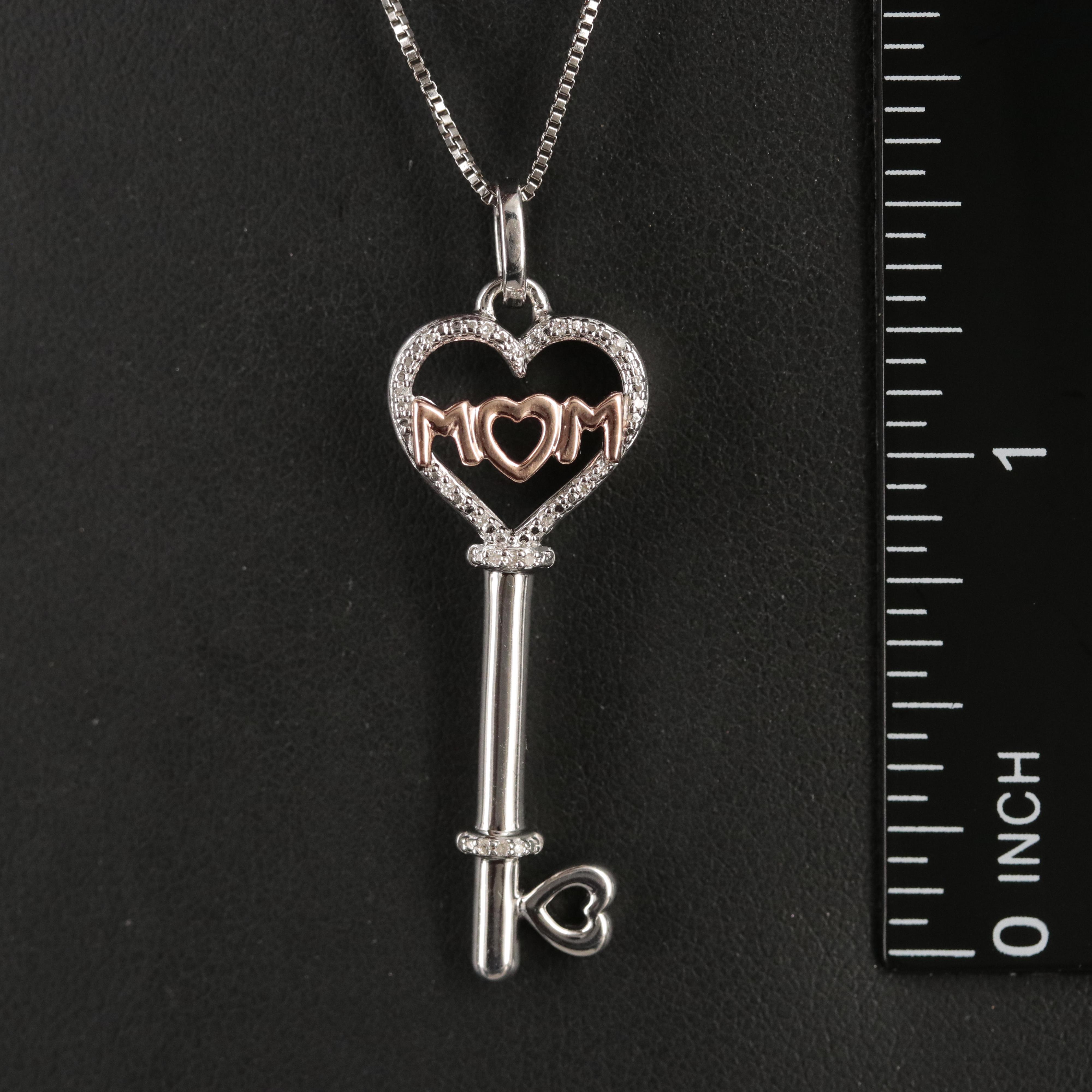 Sterling Diamond "Mom" Heart Key Pendant Necklace with 10K Rose Gold Accents