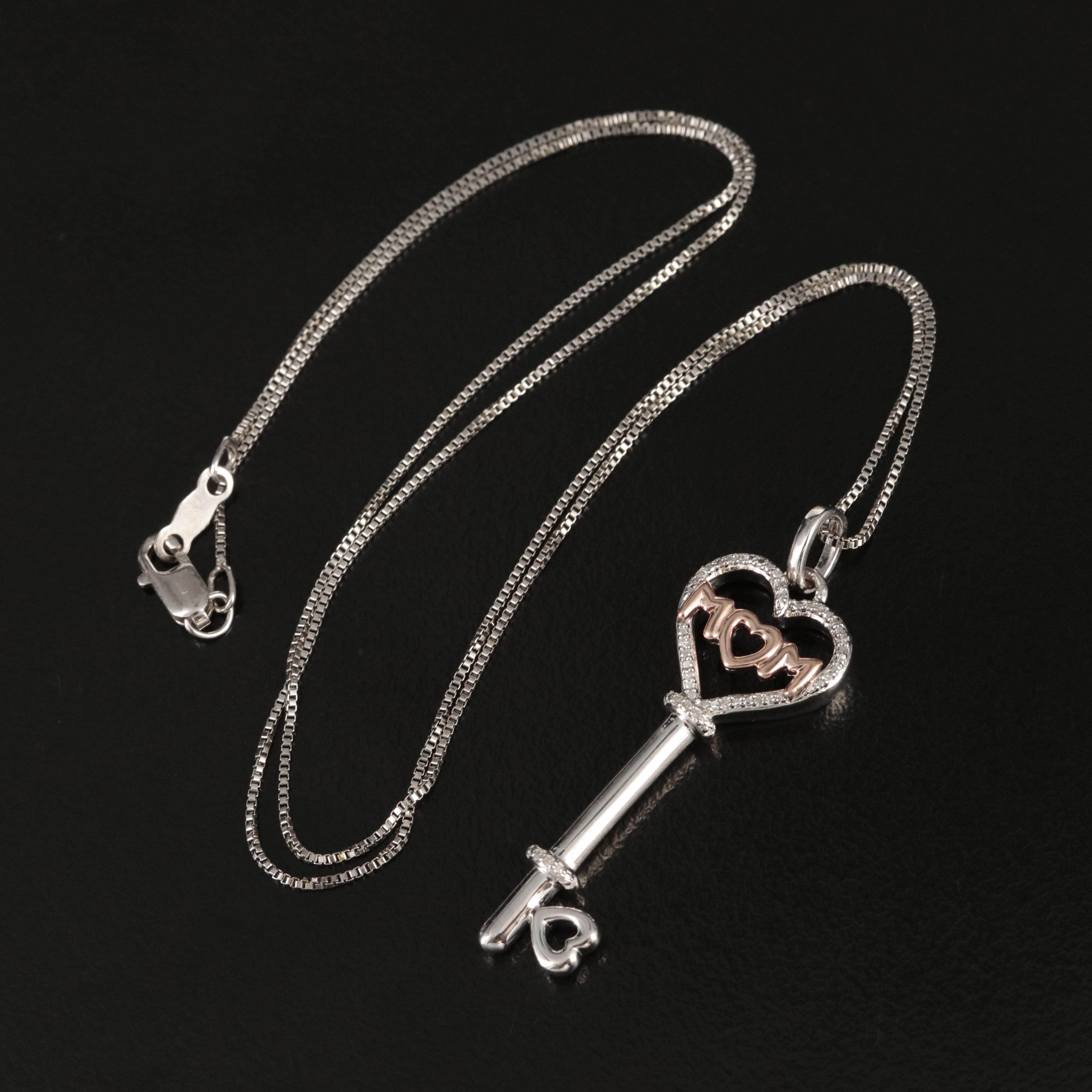 Sterling Diamond "Mom" Heart Key Pendant Necklace with 10K Rose Gold Accents