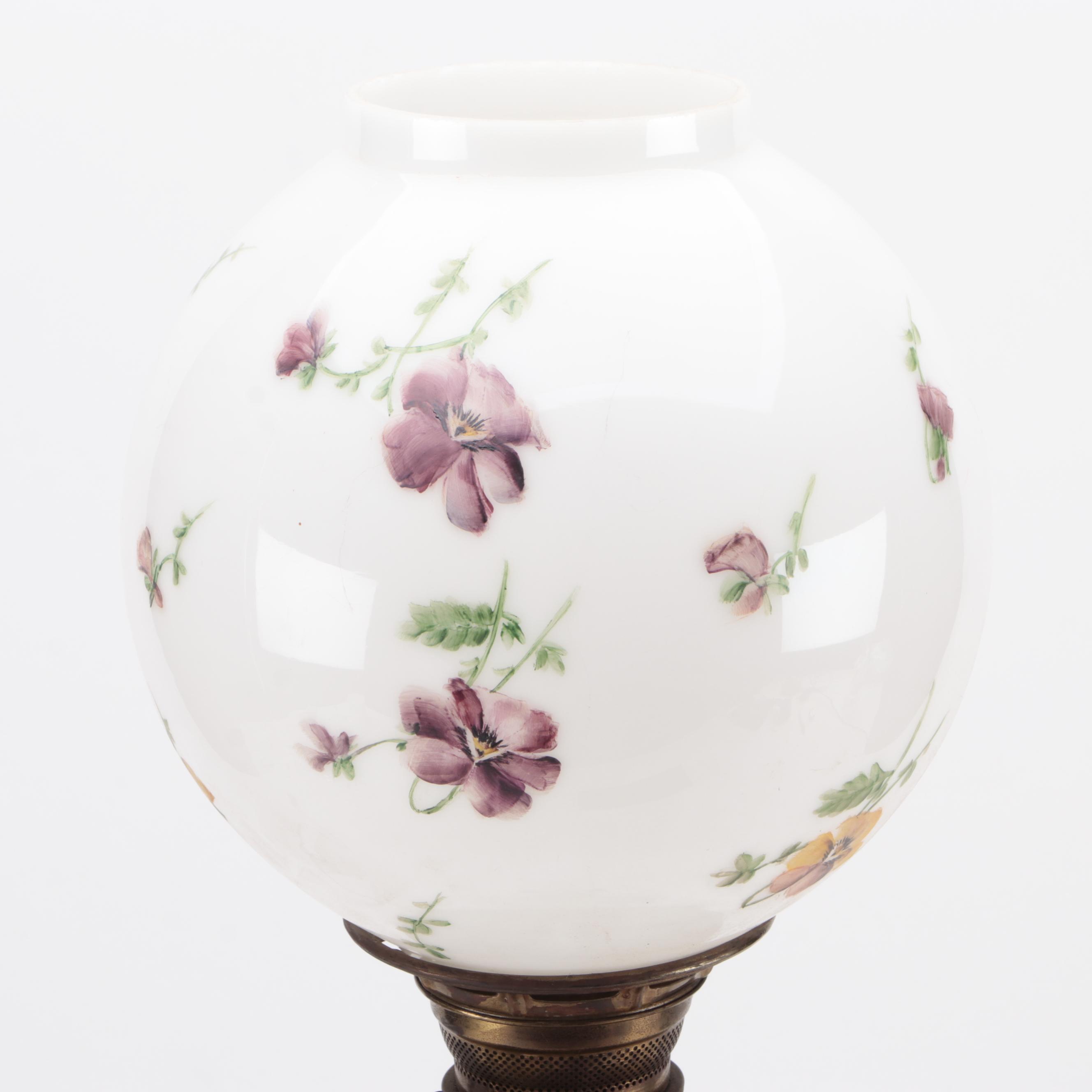 Victorian Hand-Painted Milk Glass Oil Lamp, Adapted Early 20th Century