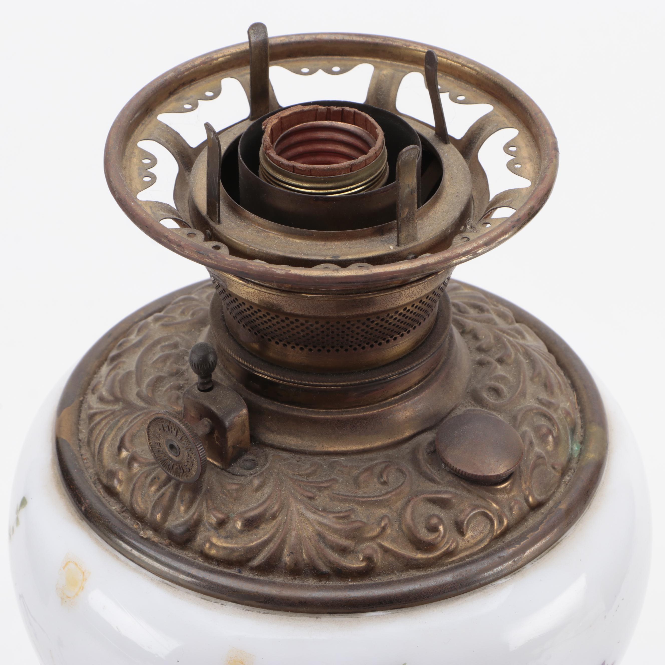 Victorian Hand-Painted Milk Glass Oil Lamp, Adapted Early 20th Century