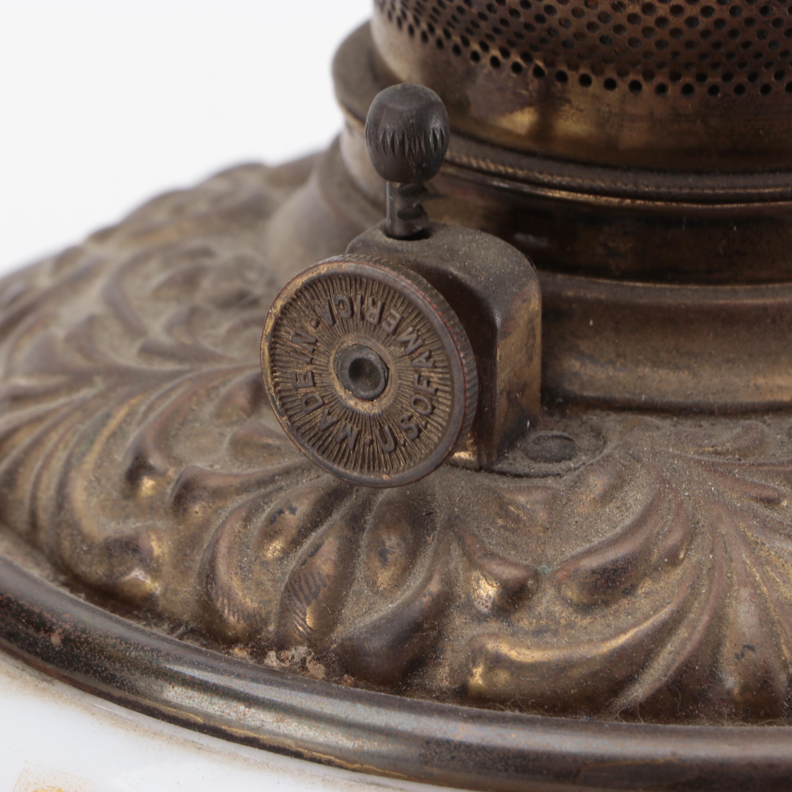 Victorian Hand-Painted Milk Glass Oil Lamp, Adapted Early 20th Century