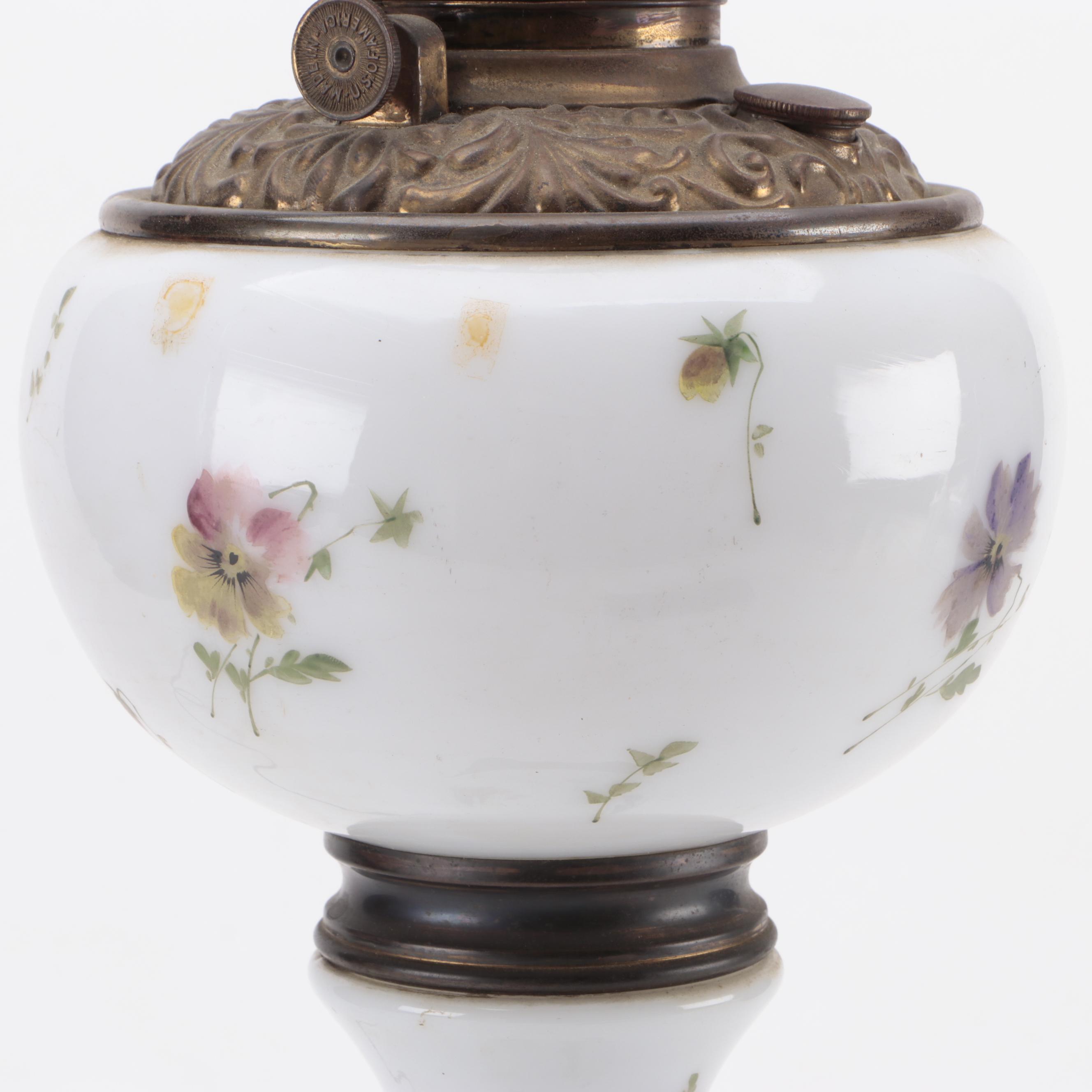 Victorian Hand-Painted Milk Glass Oil Lamp, Adapted Early 20th Century