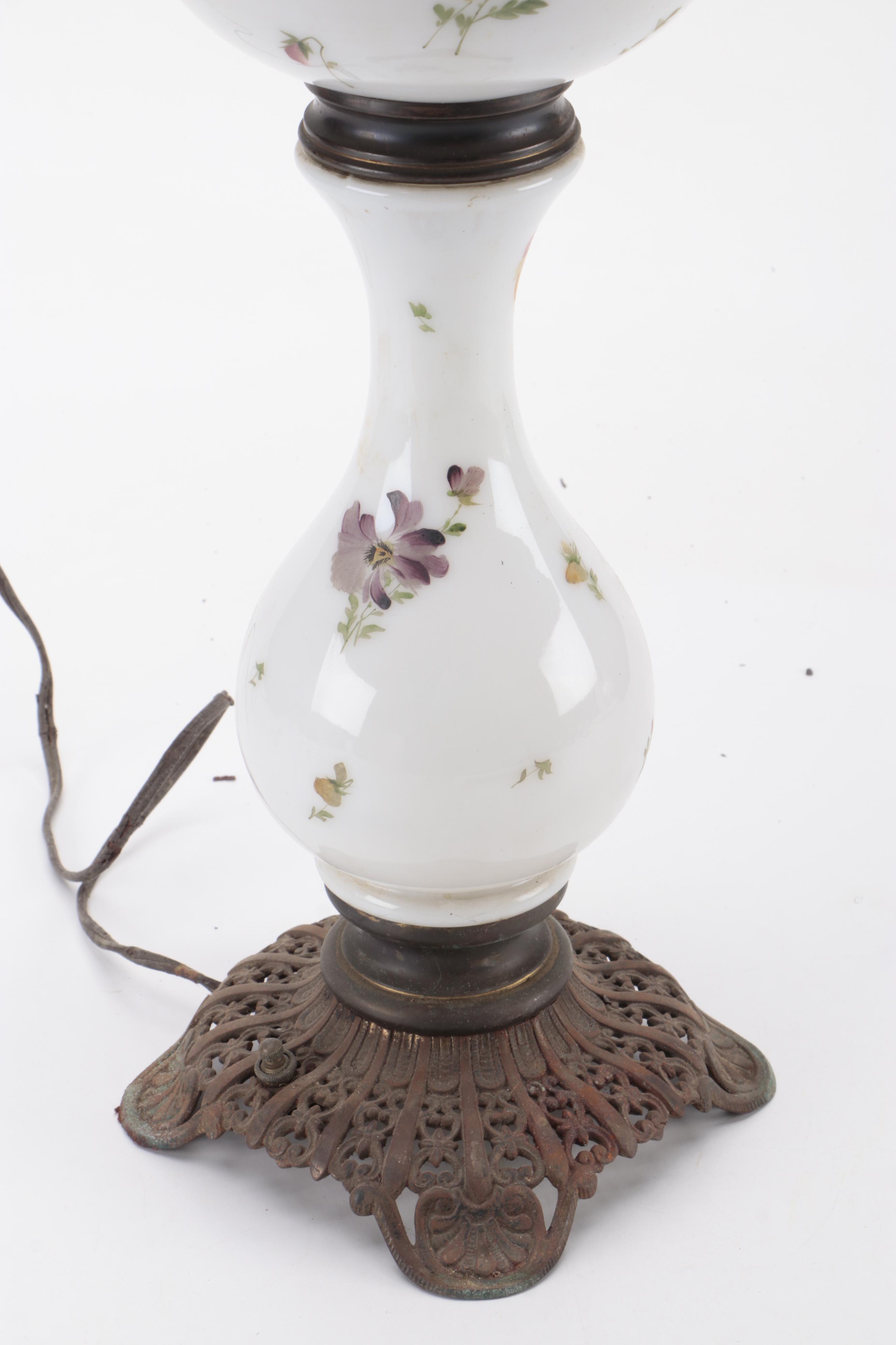 Victorian Hand-Painted Milk Glass Oil Lamp, Adapted Early 20th Century