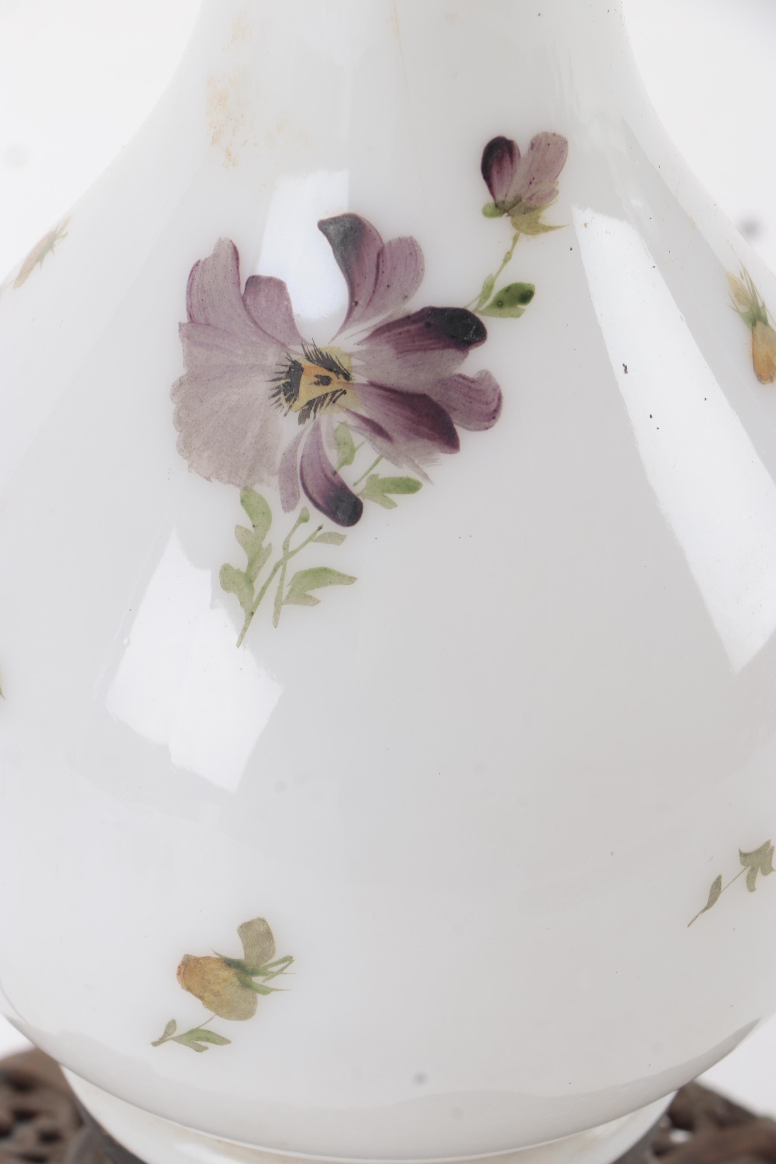 Victorian Hand-Painted Milk Glass Oil Lamp, Adapted Early 20th Century