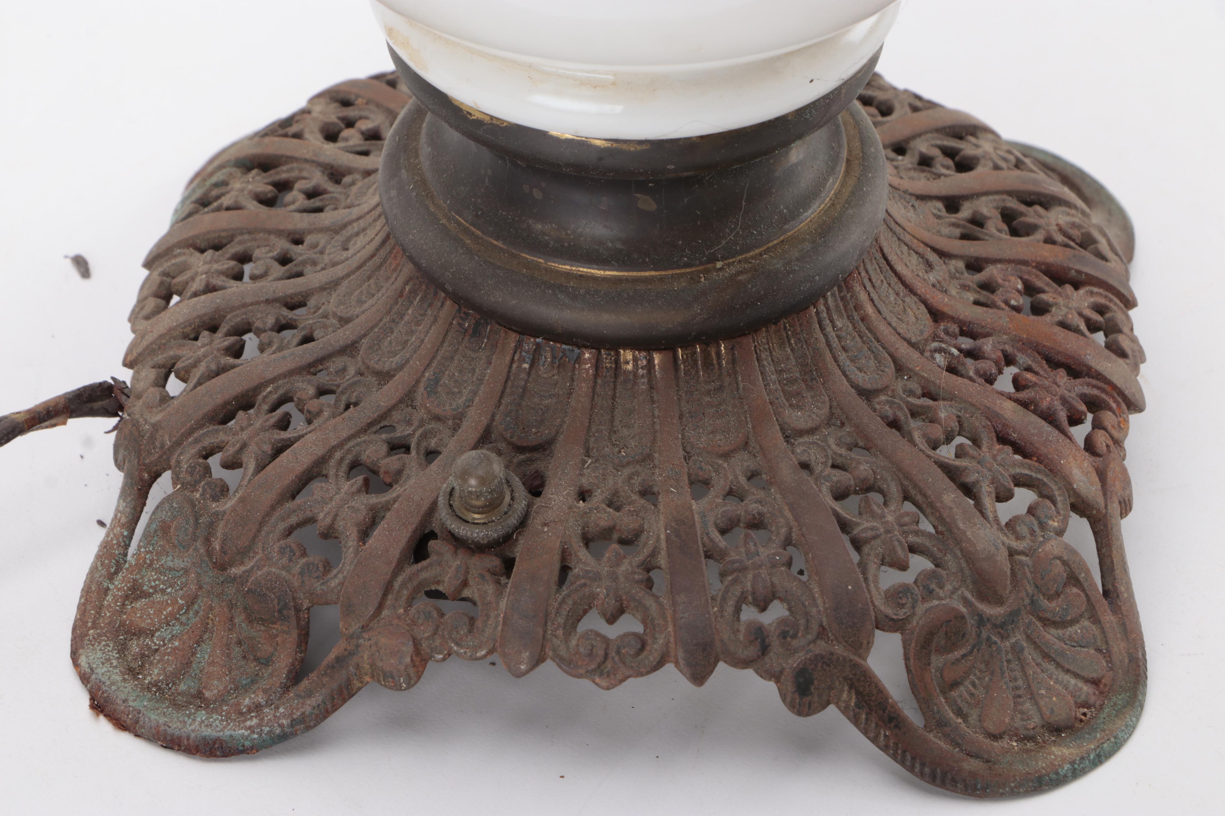 Victorian Hand-Painted Milk Glass Oil Lamp, Adapted Early 20th Century