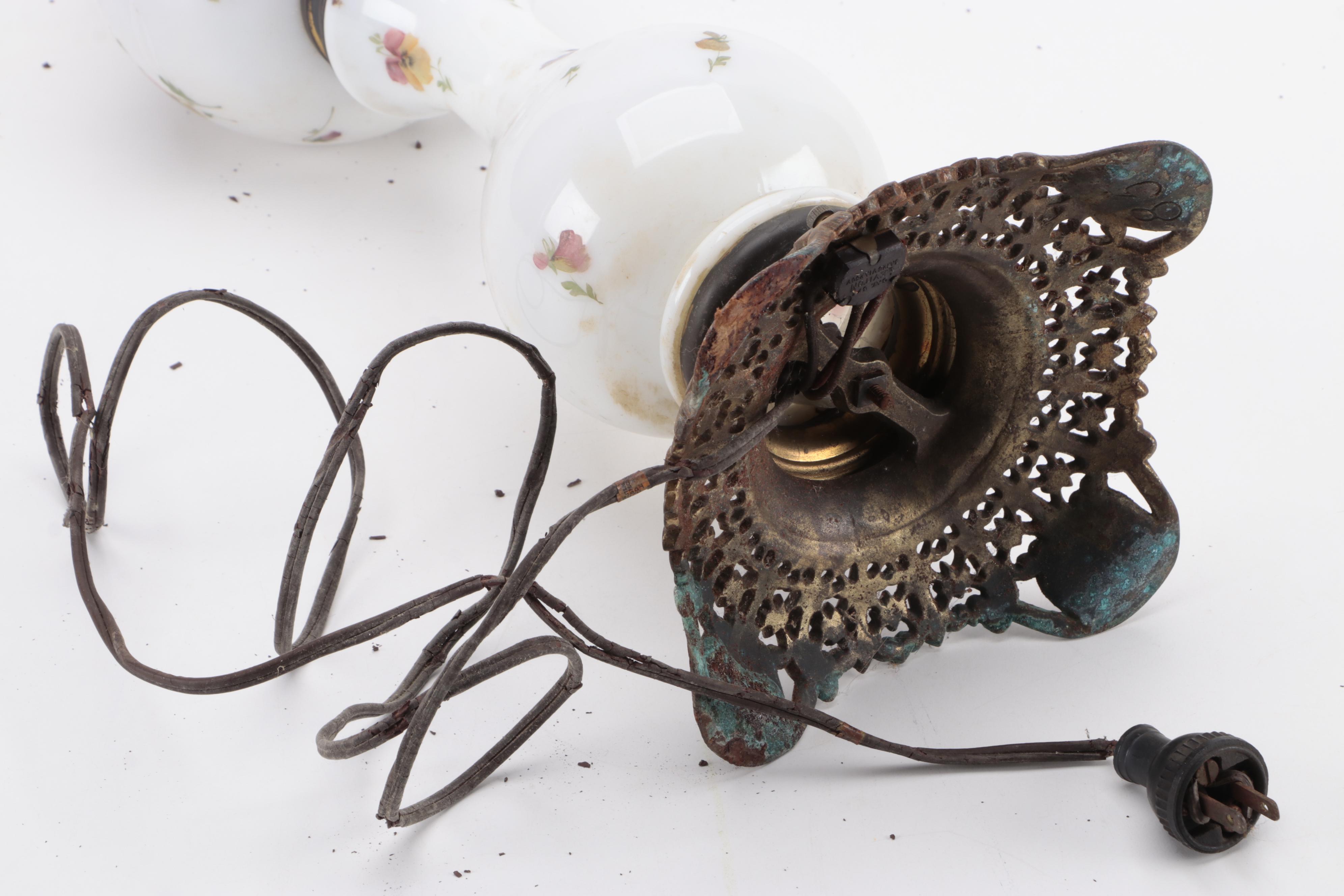 Victorian Hand-Painted Milk Glass Oil Lamp, Adapted Early 20th Century