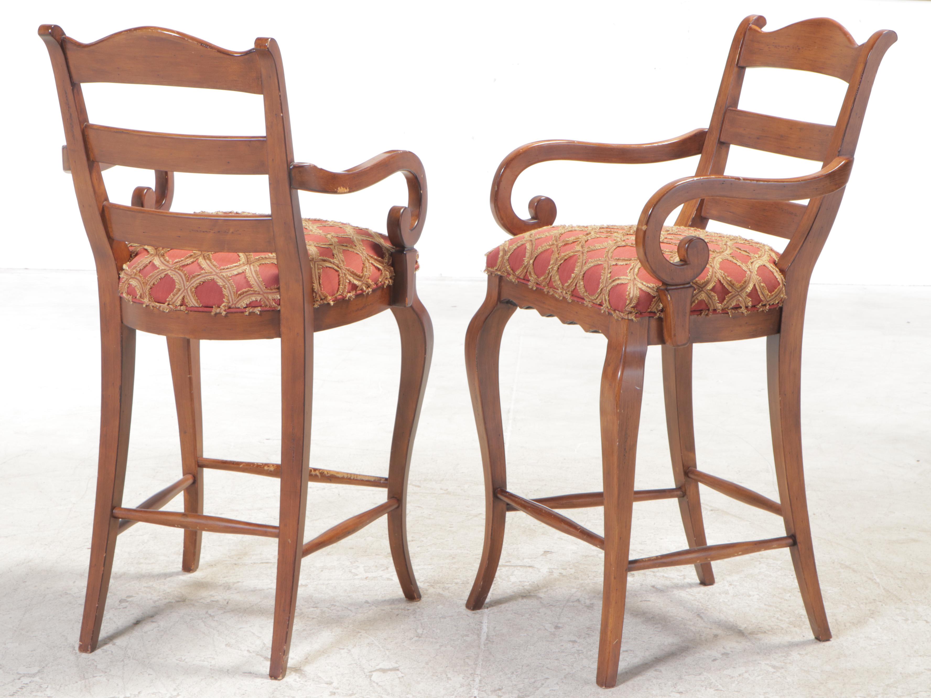 Three French Provincial Style Fruitwood-Stained & Custom-Upholstered Bar Stools