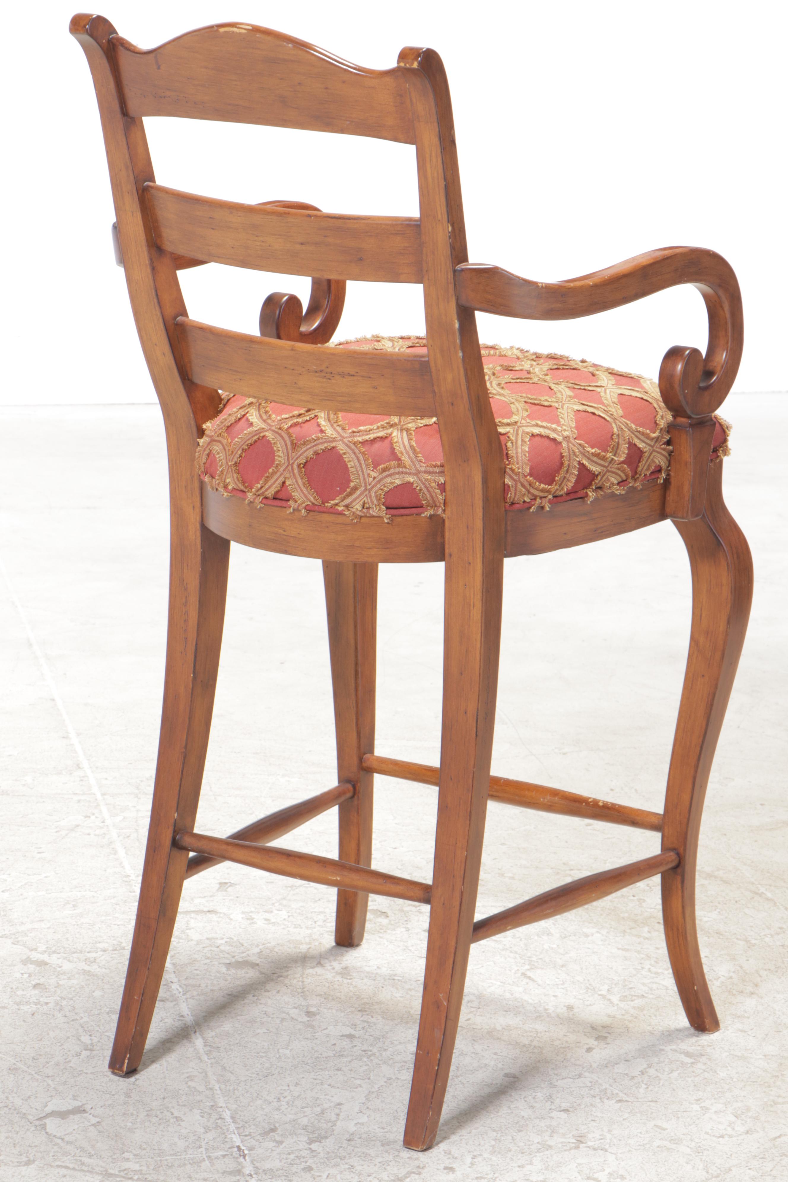 Three French Provincial Style Fruitwood-Stained & Custom-Upholstered Bar Stools