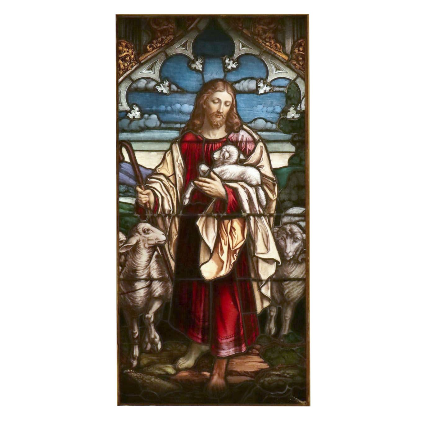 Stained Glass Window Panel Depicting Christ as the Good Shepherd, Early 20th C