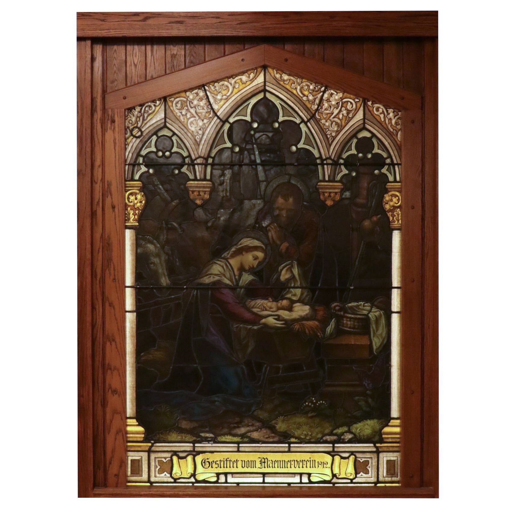 Stained Glass Window Panel Depicting the Holy Family with Christ in the Manger
