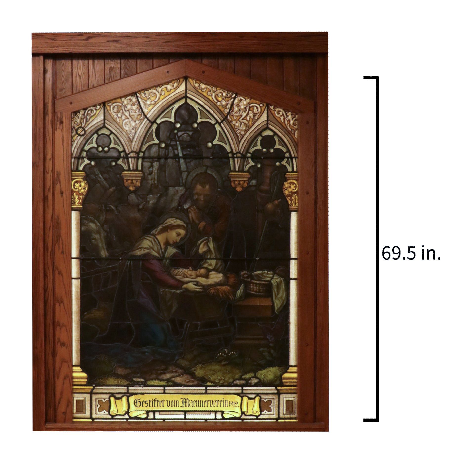 Stained Glass Window Panel Depicting the Holy Family with Christ in the Manger