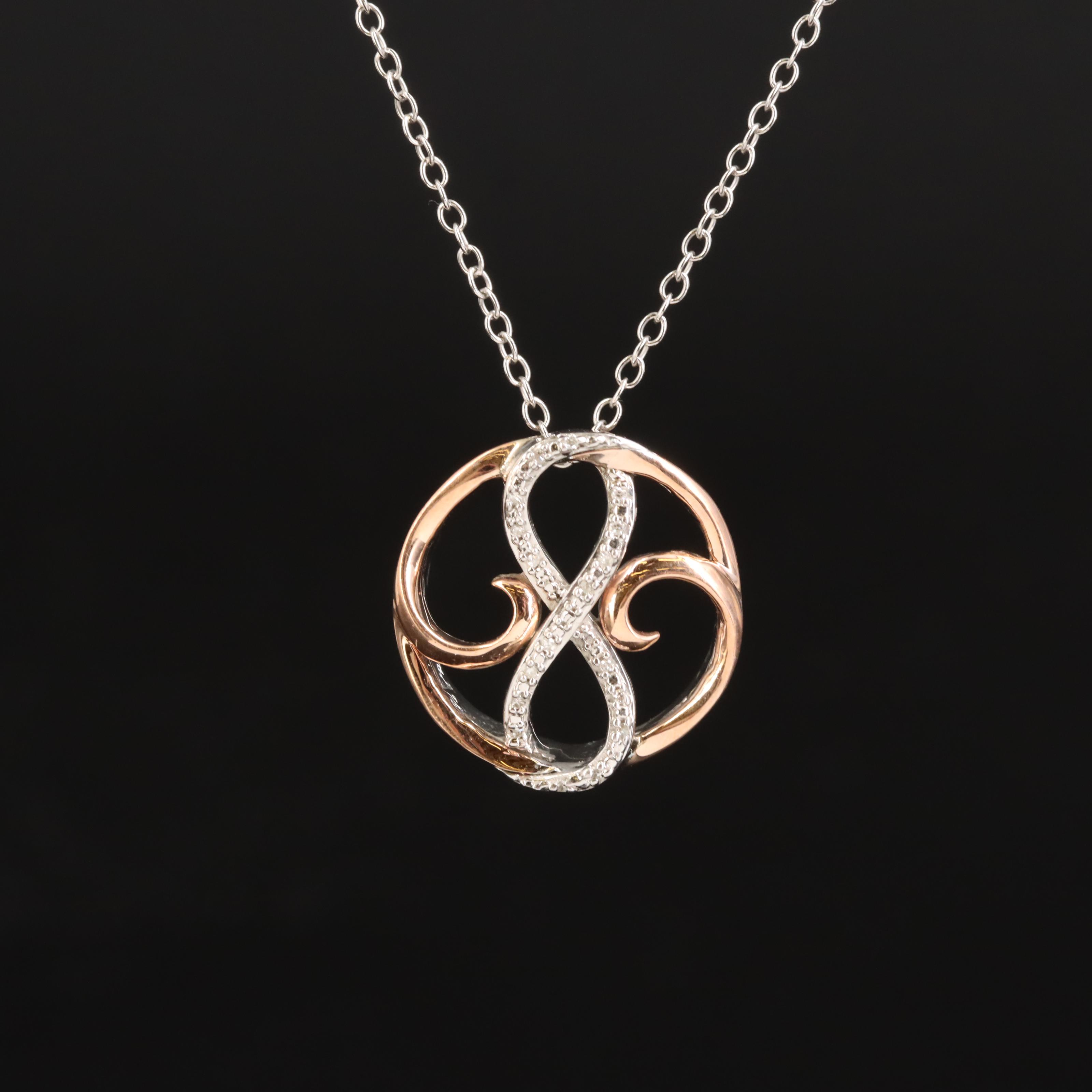 Sterling Diamond Infinity Circle Pendant Necklace with 10K Rose Gold Accent