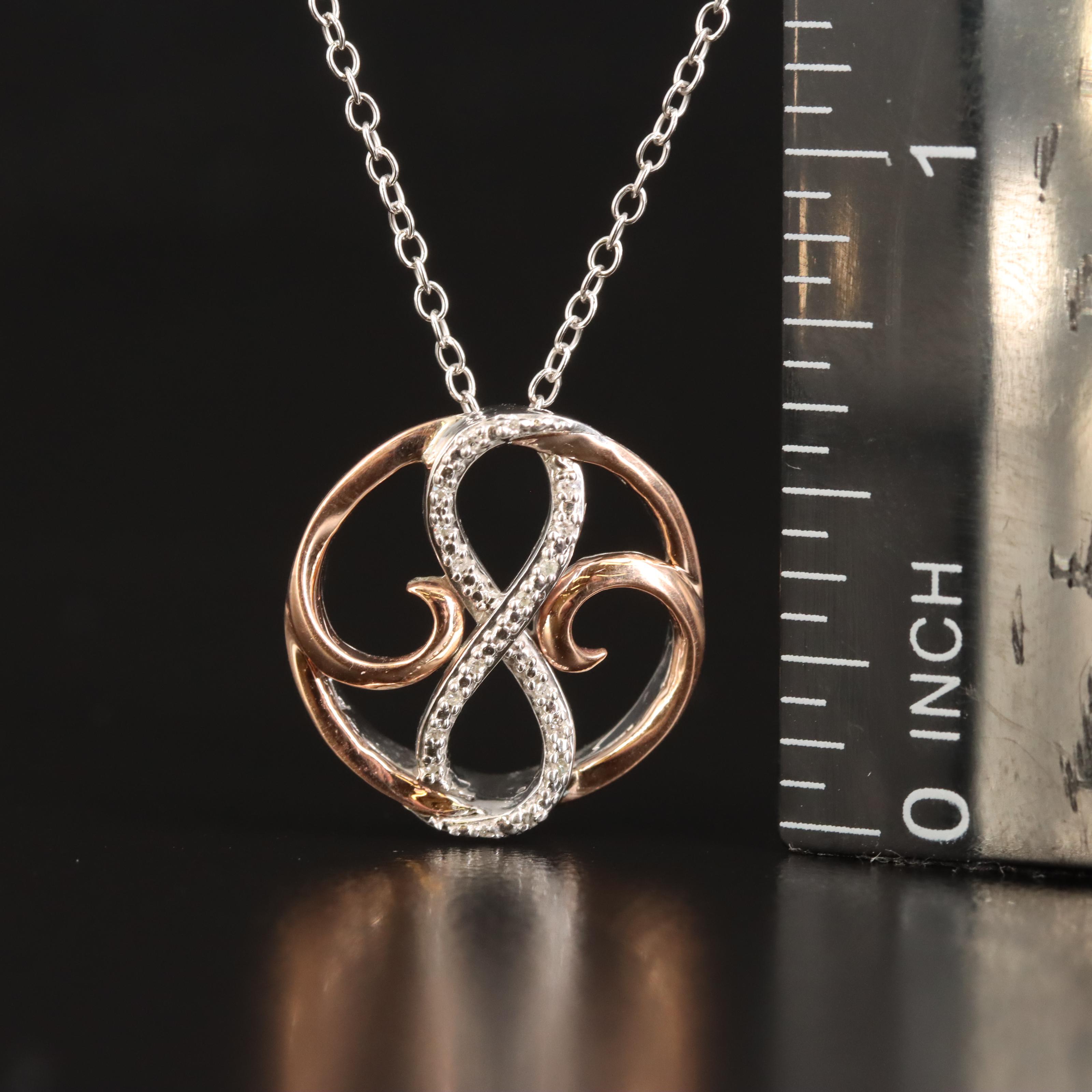 Sterling Diamond Infinity Circle Pendant Necklace with 10K Rose Gold Accent