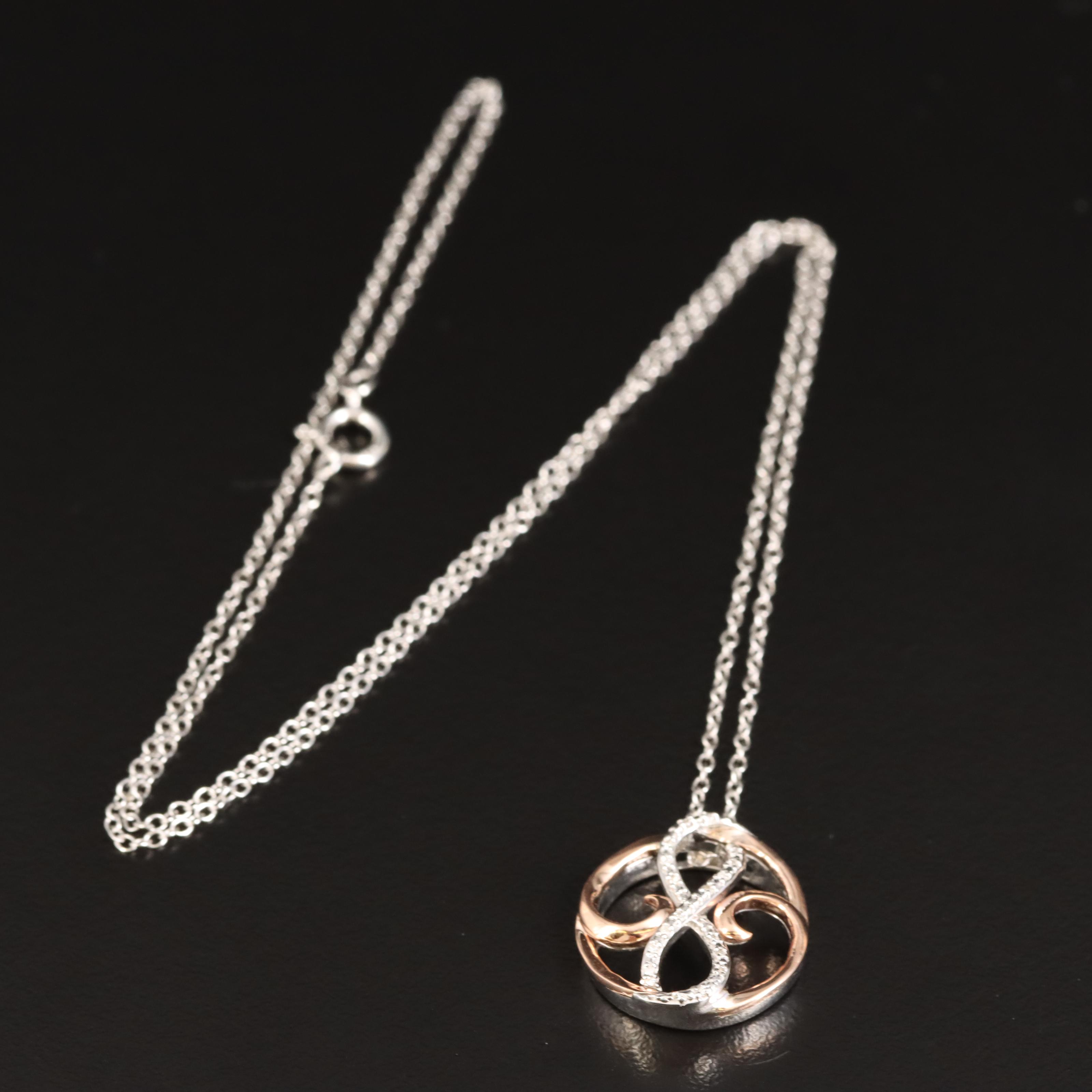 Sterling Diamond Infinity Circle Pendant Necklace with 10K Rose Gold Accent