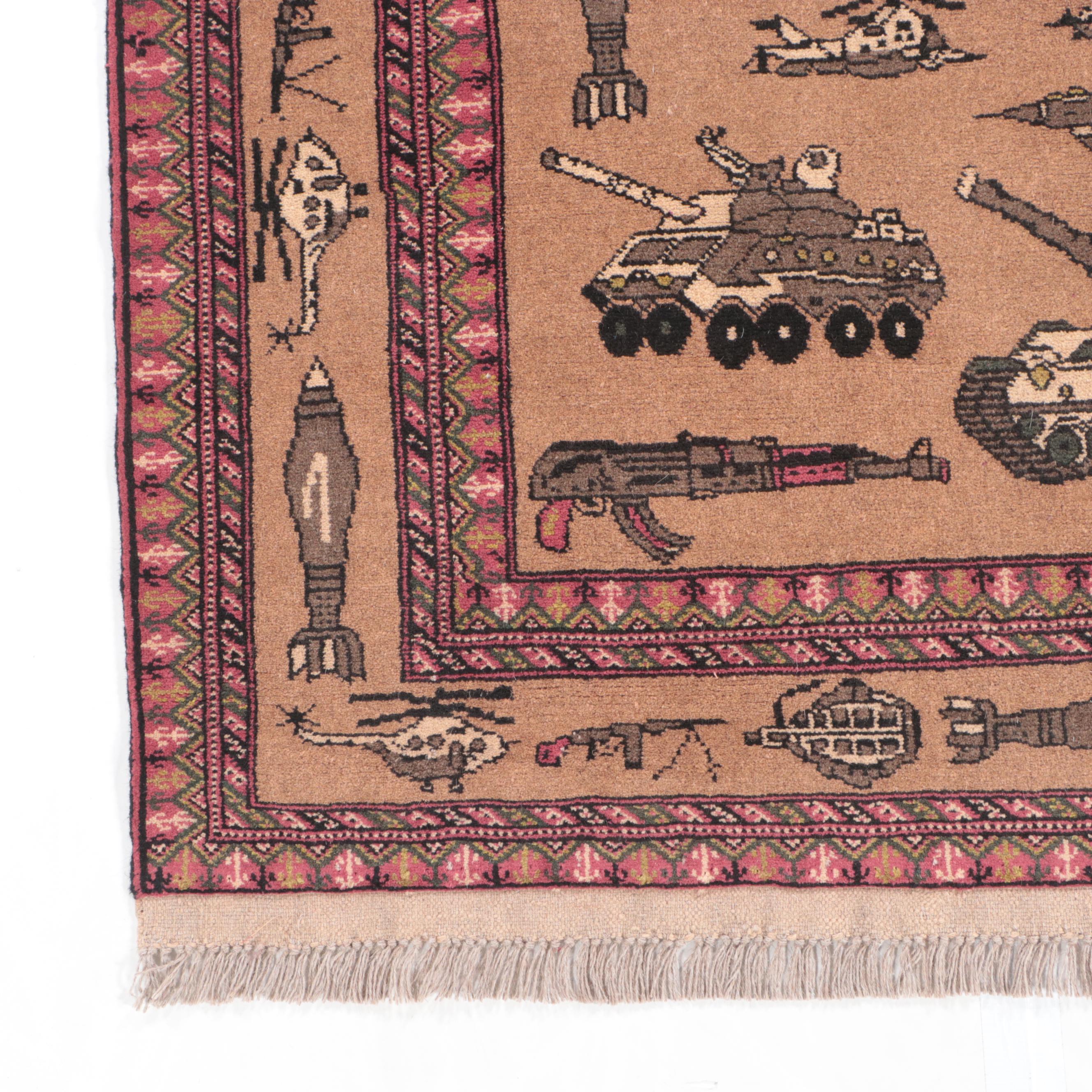 4'3 x 6'6 Hand-Knotted Pakistani War Rug Pictorial Area Rug