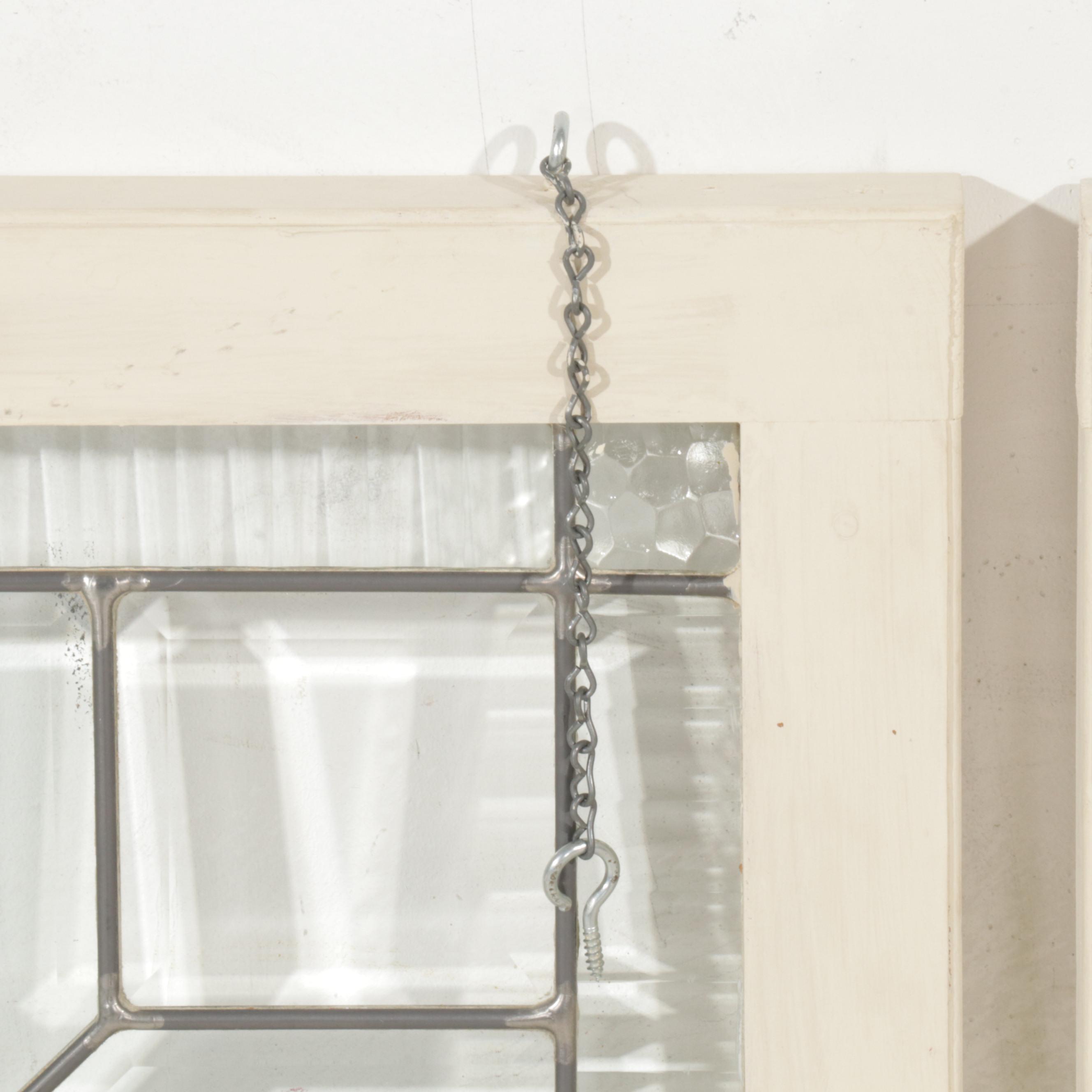 Pair of Beveled Leaded Glass Windows with Painted Wooden Frames