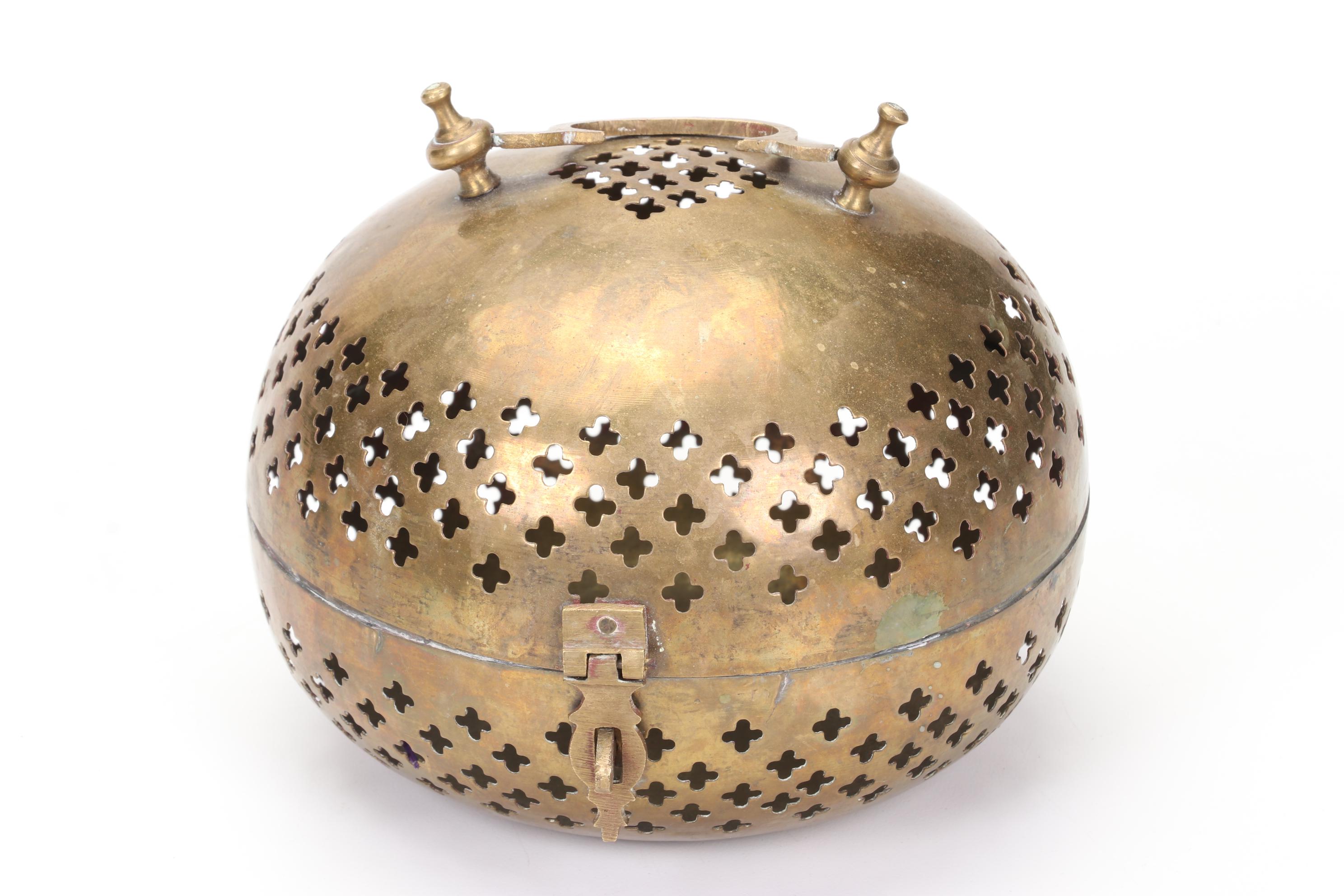 Round Brass Box, Elephant Claw Bell, and Sitting Elephant Figurine