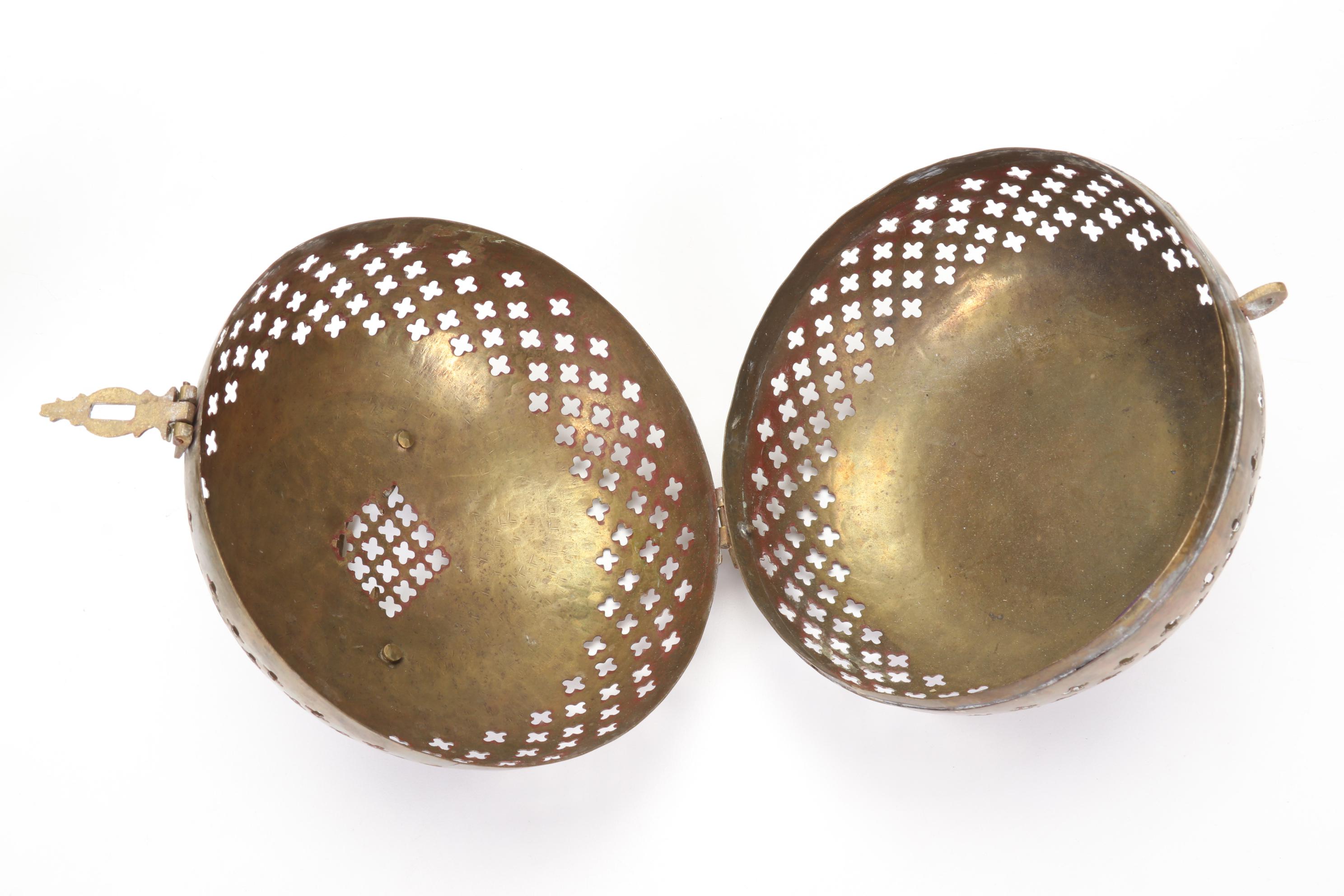 Round Brass Box, Elephant Claw Bell, and Sitting Elephant Figurine