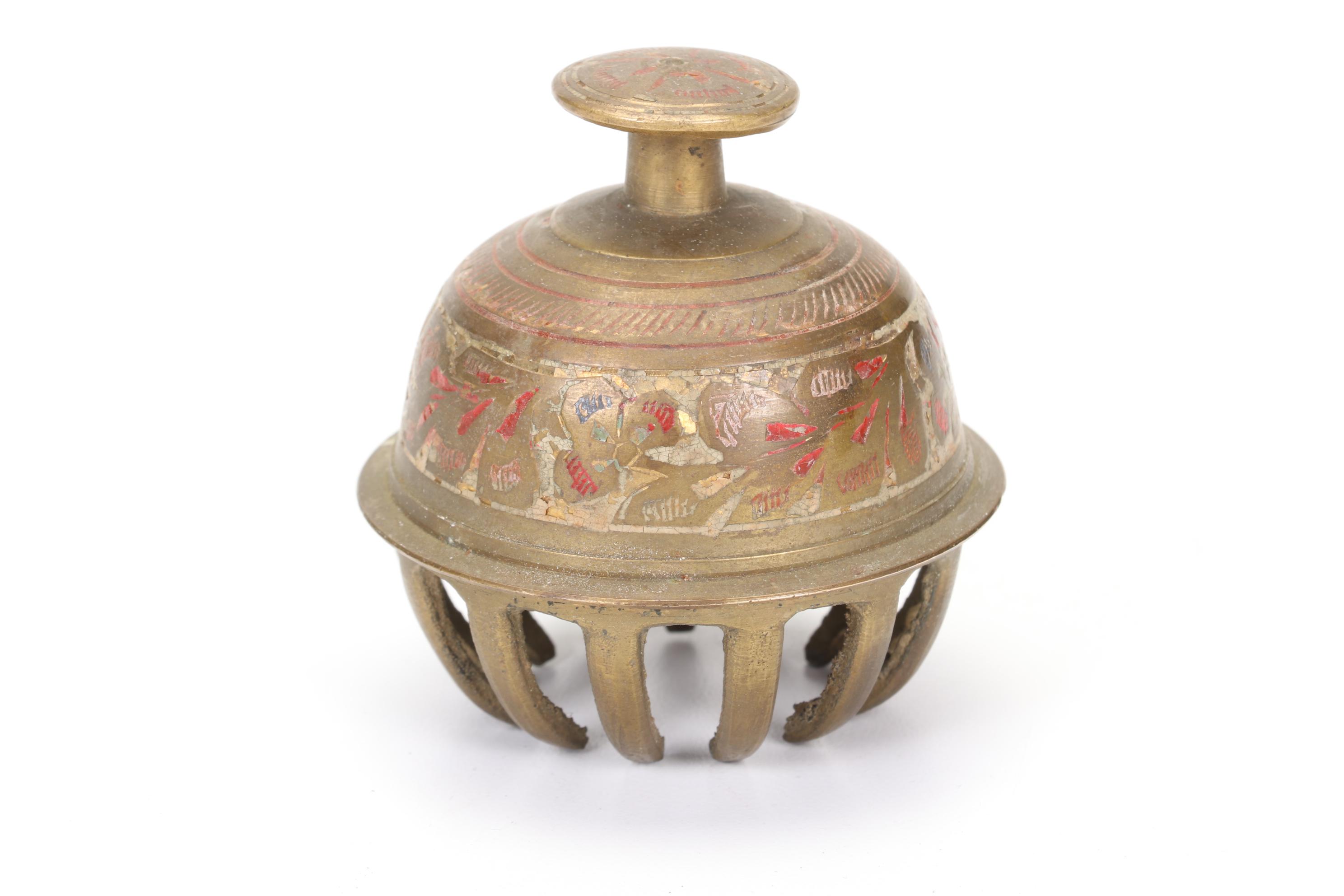 Round Brass Box, Elephant Claw Bell, and Sitting Elephant Figurine