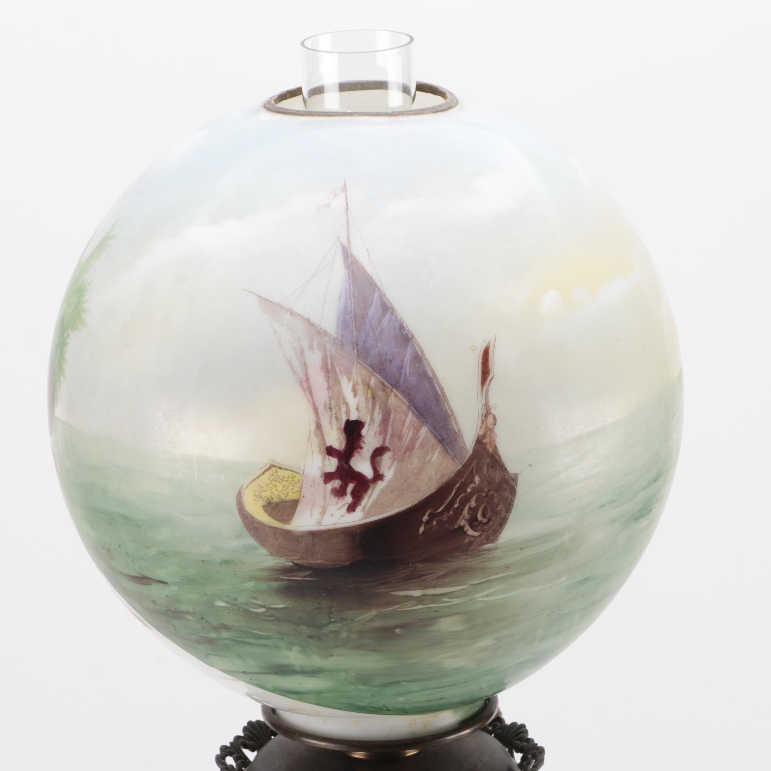 Victorian Parlor Oil Lamp with Hand-Painted Milk Glass Venetian Scene, Adapted