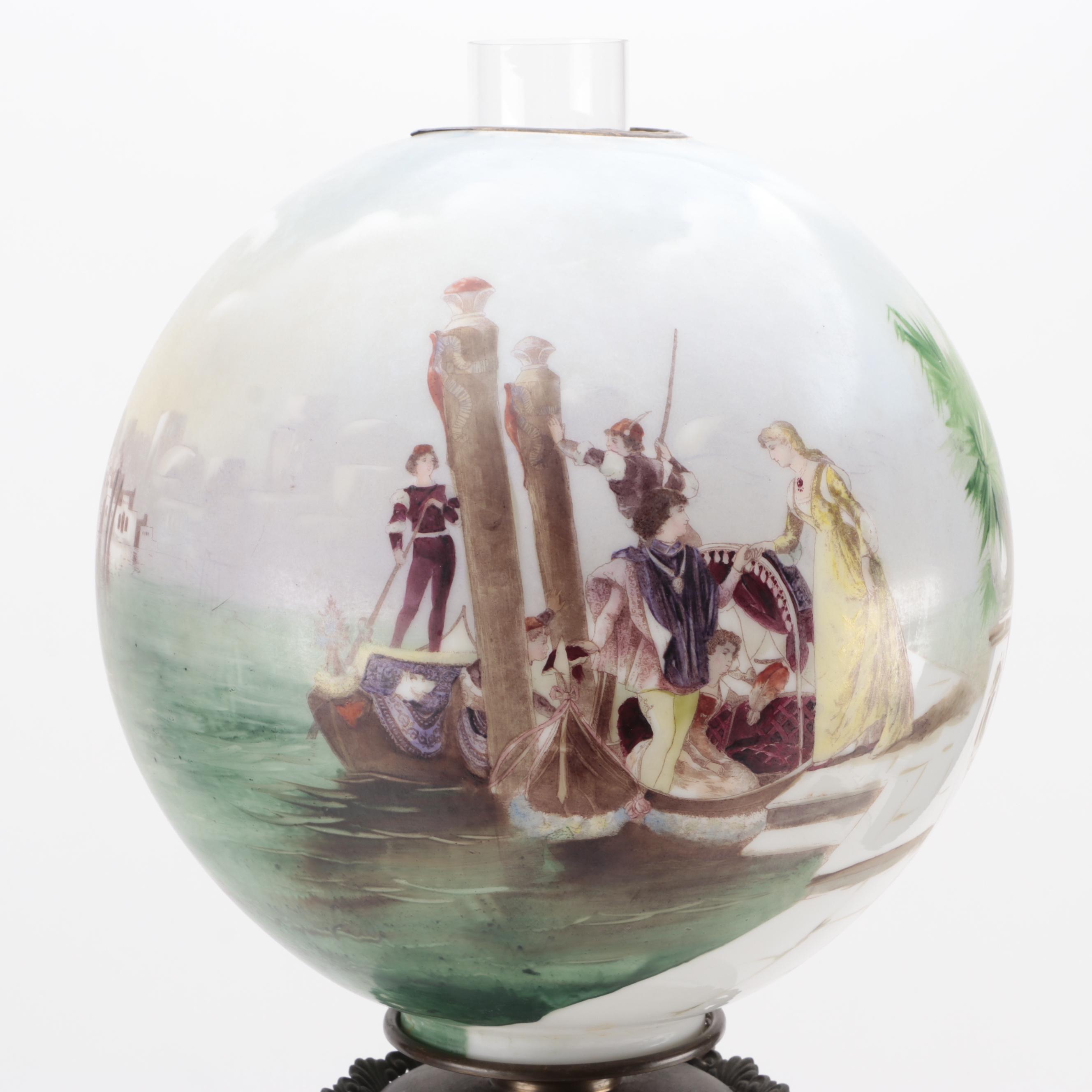 Victorian Parlor Oil Lamp with Hand-Painted Milk Glass Venetian Scene, Adapted