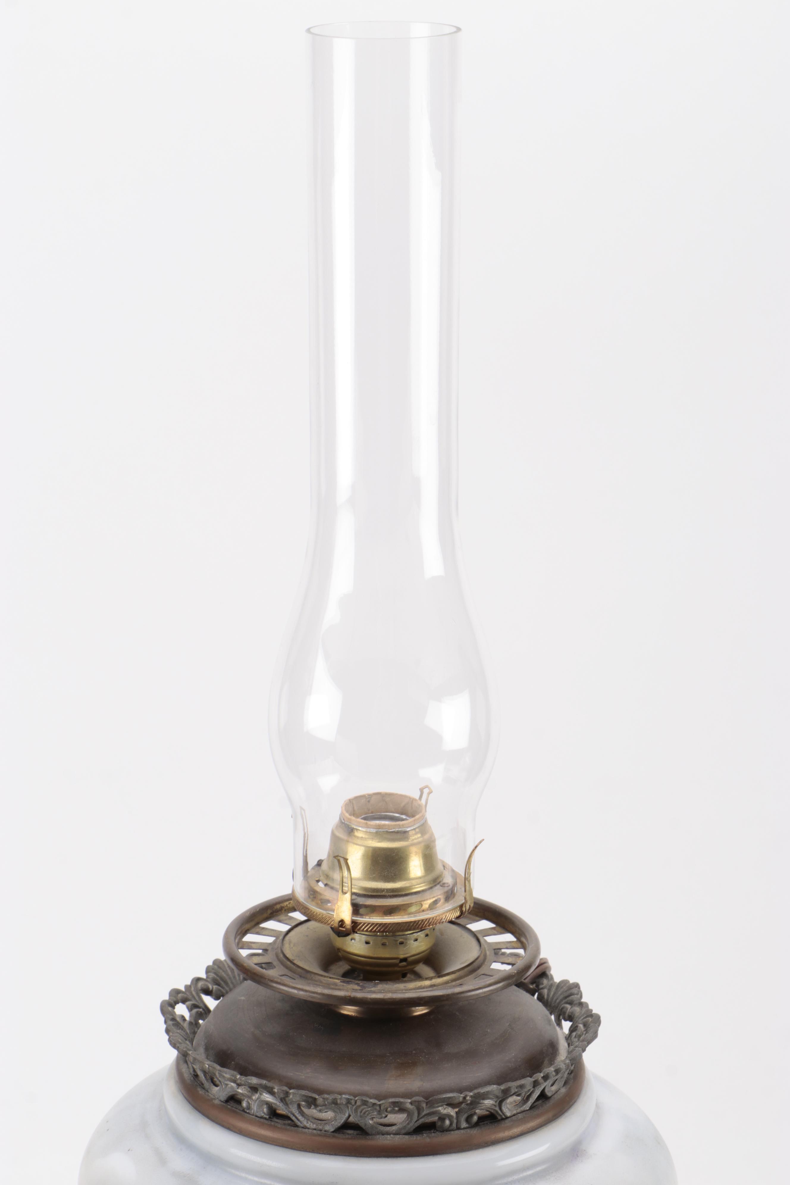 Victorian Parlor Oil Lamp with Hand-Painted Milk Glass Venetian Scene, Adapted