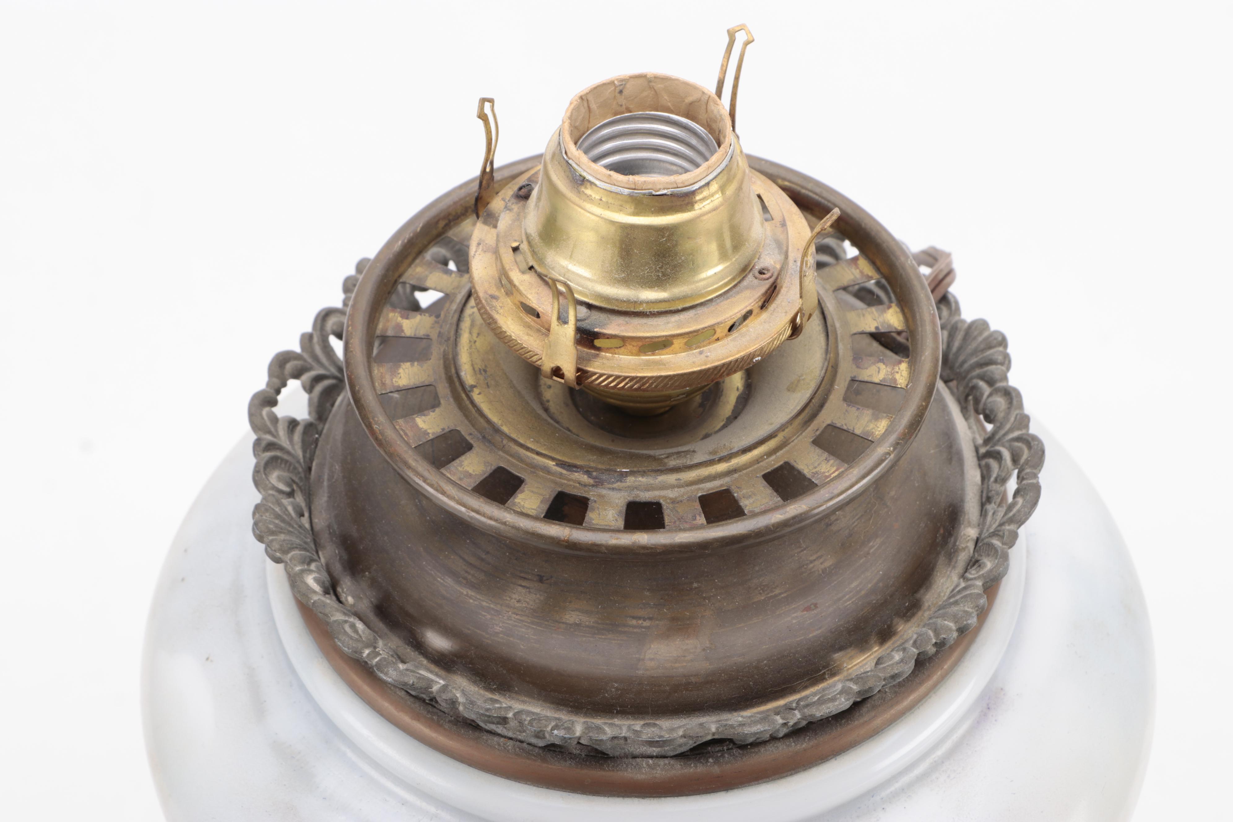 Victorian Parlor Oil Lamp with Hand-Painted Milk Glass Venetian Scene, Adapted