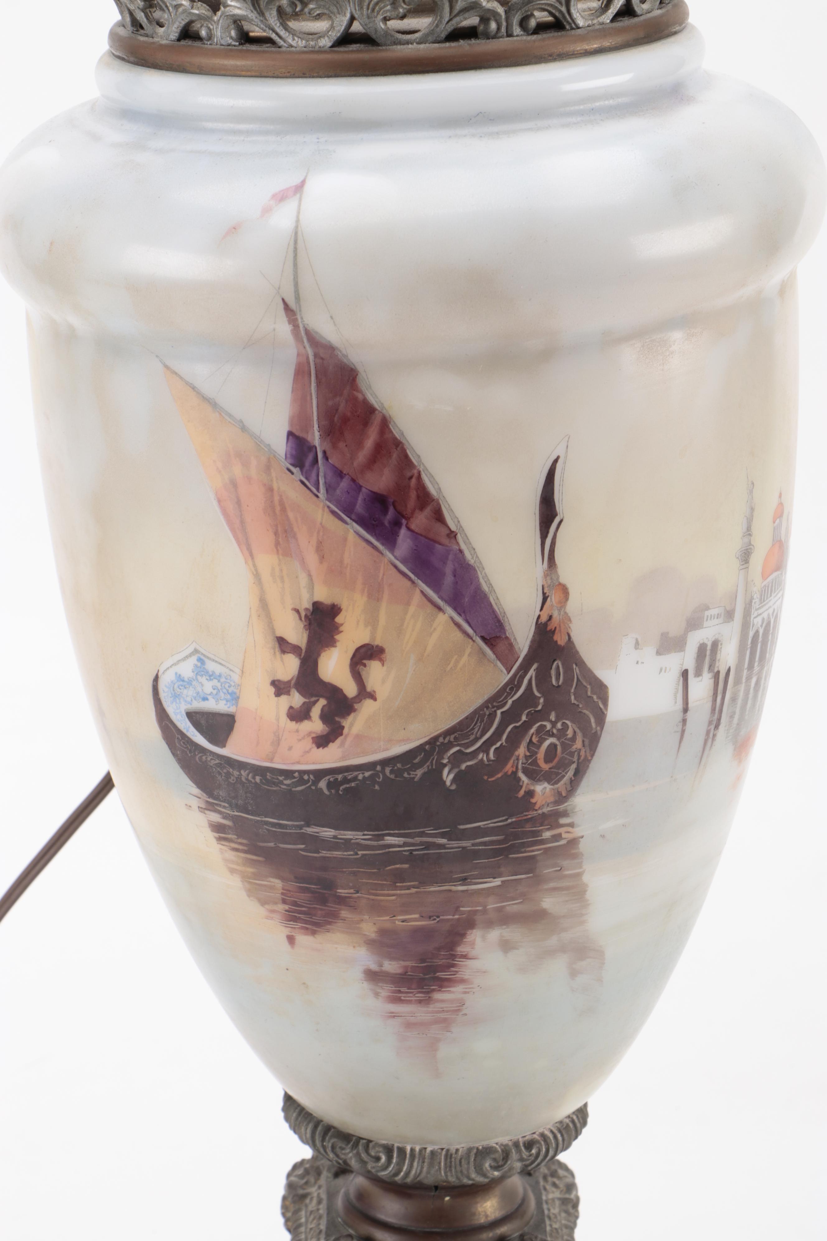Victorian Parlor Oil Lamp with Hand-Painted Milk Glass Venetian Scene, Adapted