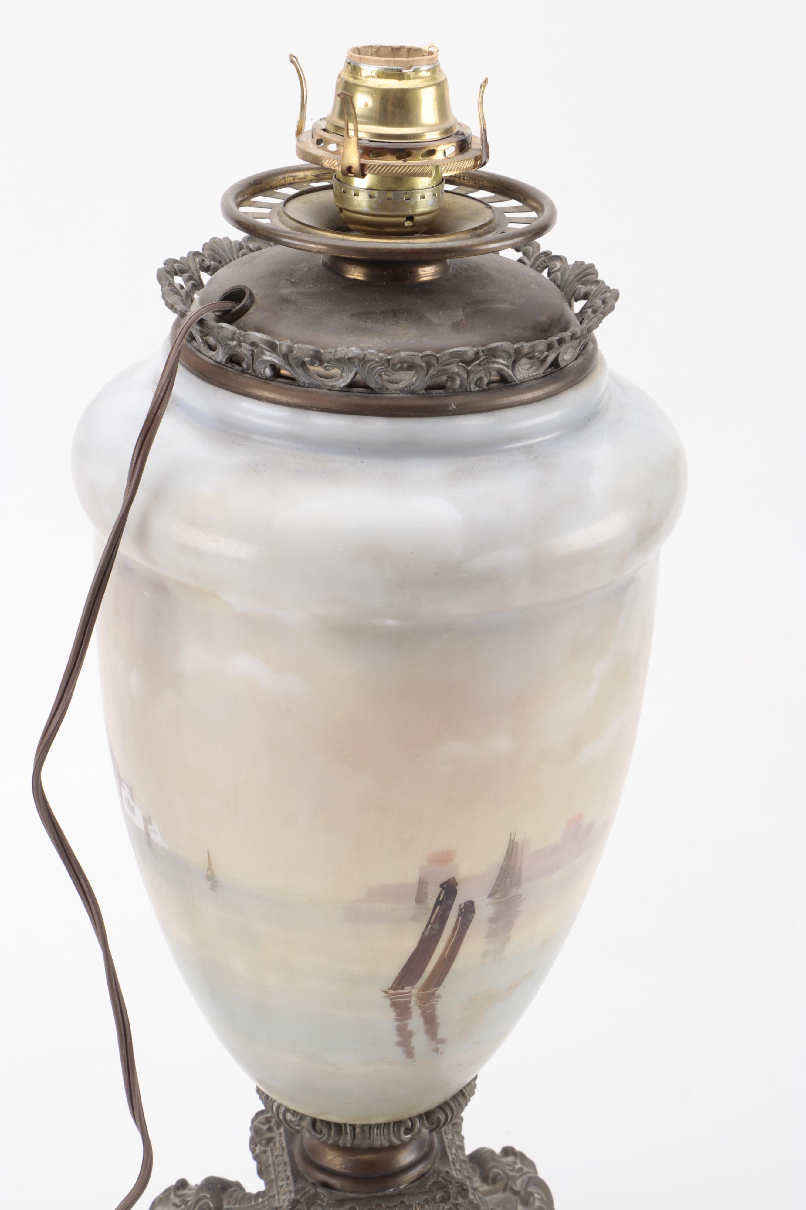 Victorian Parlor Oil Lamp with Hand-Painted Milk Glass Venetian Scene, Adapted