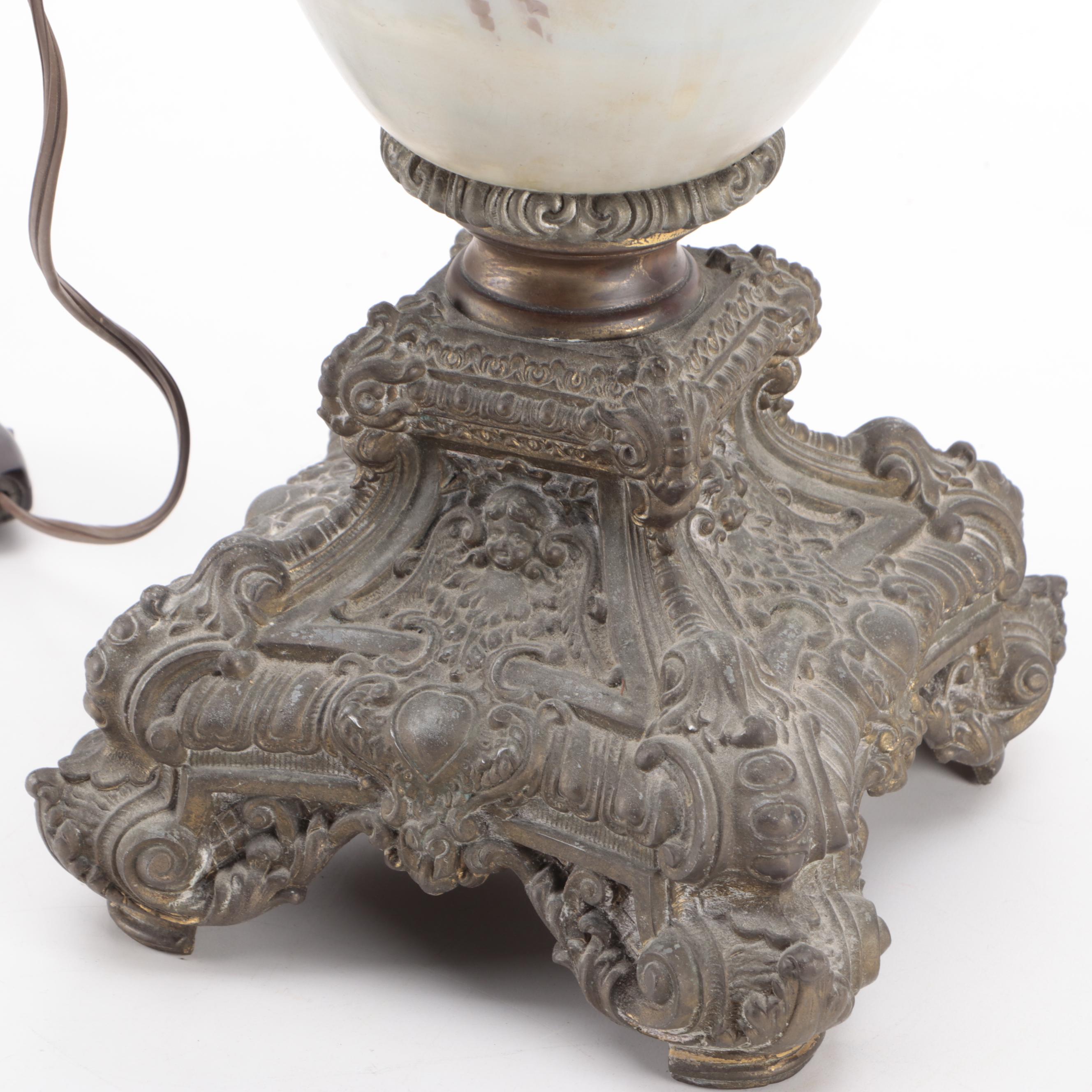 Victorian Parlor Oil Lamp with Hand-Painted Milk Glass Venetian Scene, Adapted