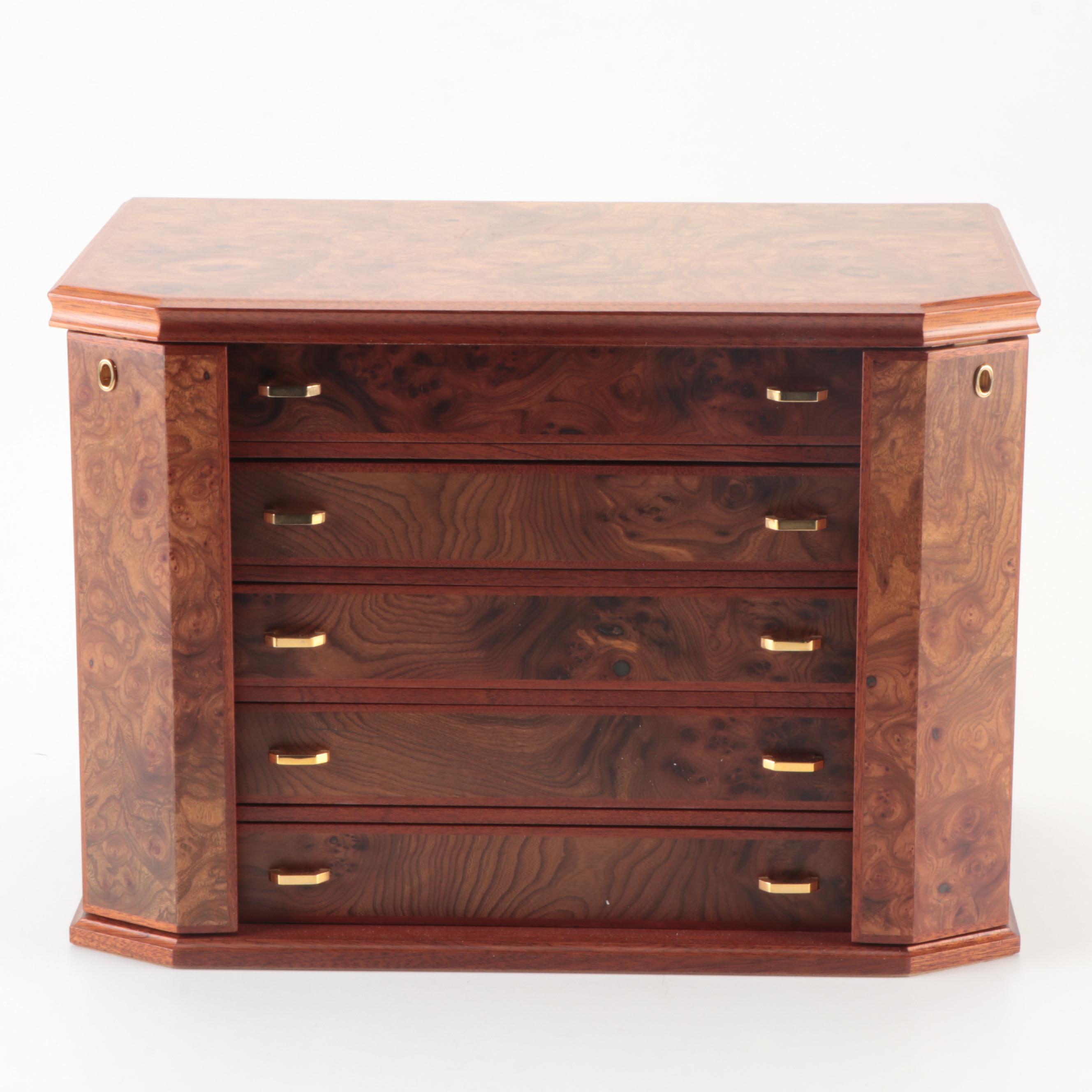 Nordstrom Five-Drawer Walnut Burl Jewelry Box with Key