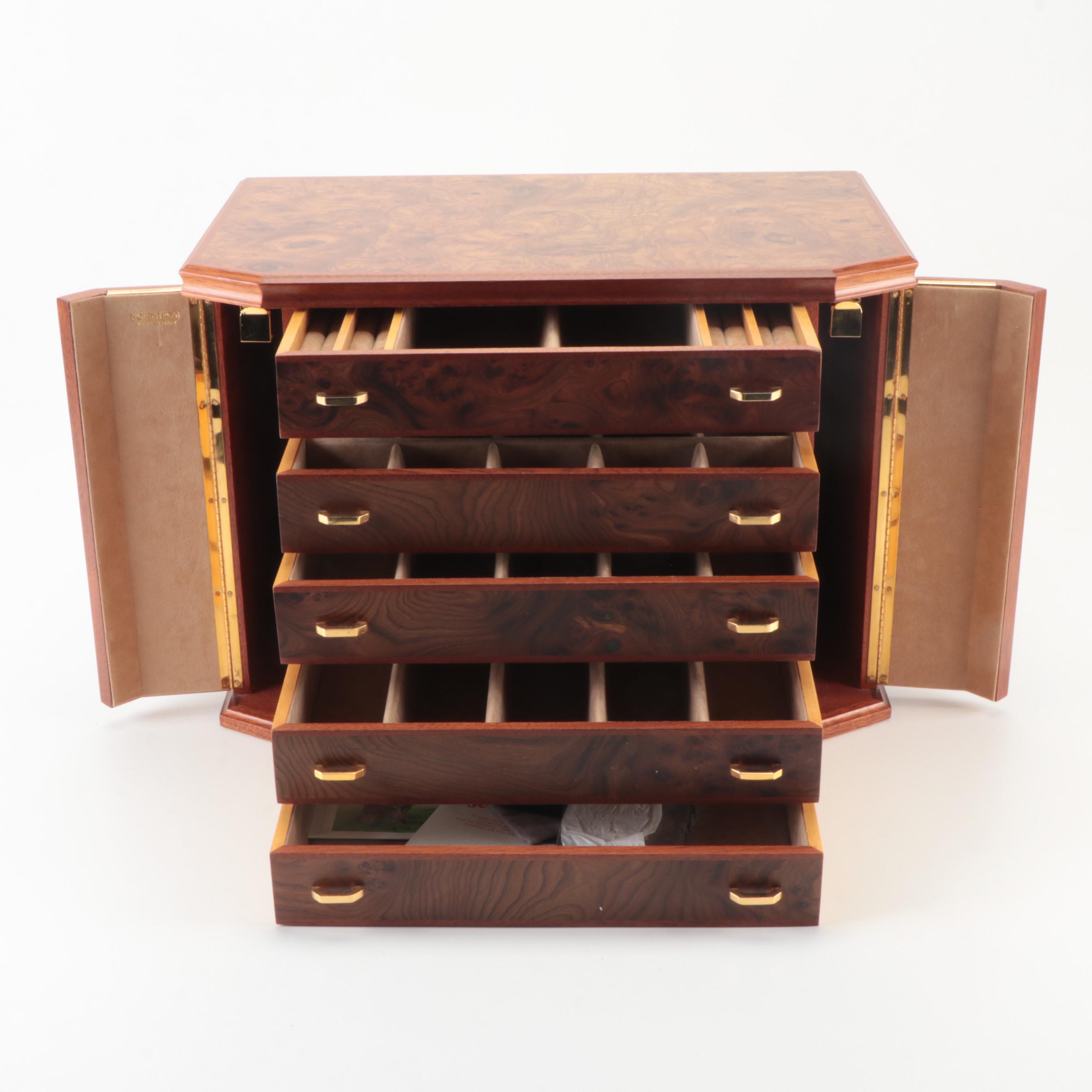 Nordstrom Five-Drawer Walnut Burl Jewelry Box with Key
