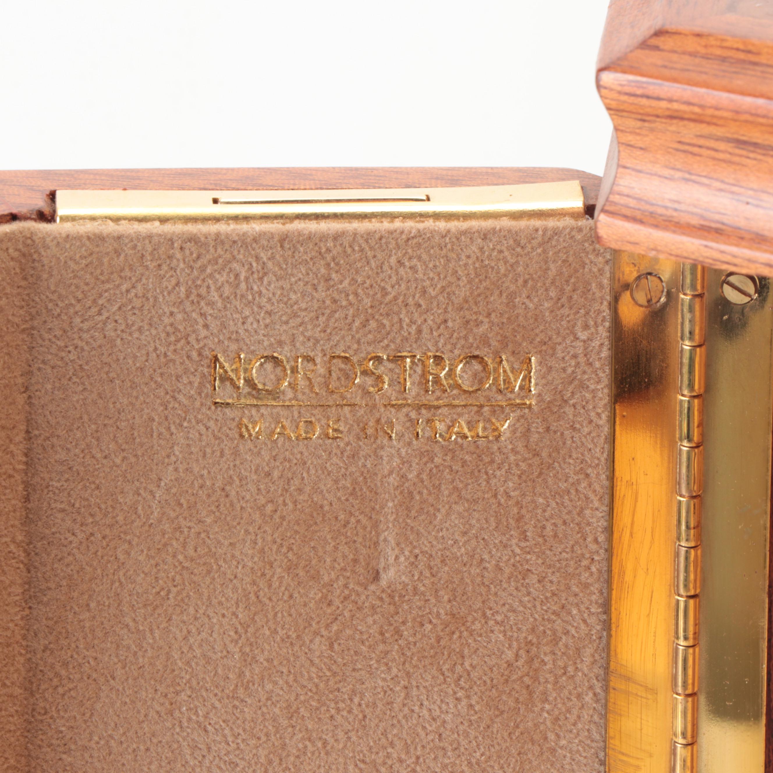 Nordstrom Five-Drawer Walnut Burl Jewelry Box with Key