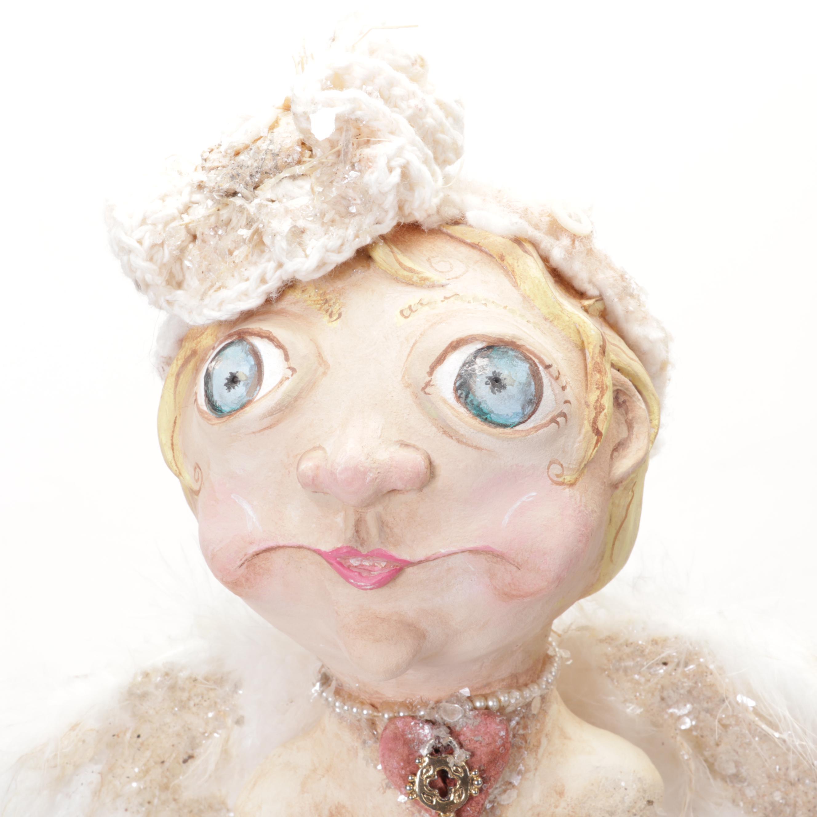 Folk Art Mixed Media Found Object Sculpture of Cherubic Figure