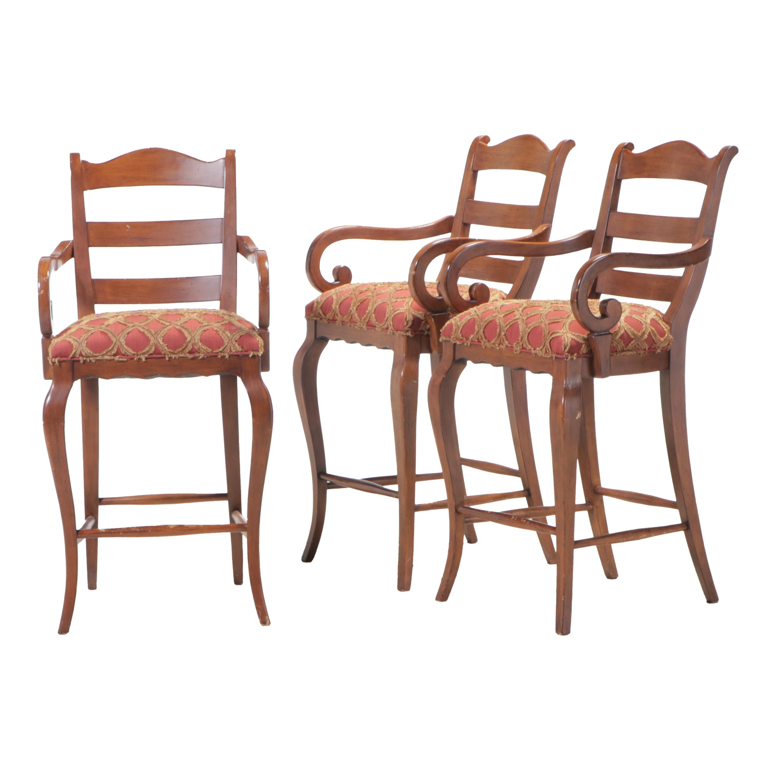 Three French Provincial Style Fruitwood-Stained & Custom-Upholstered Bar Stools