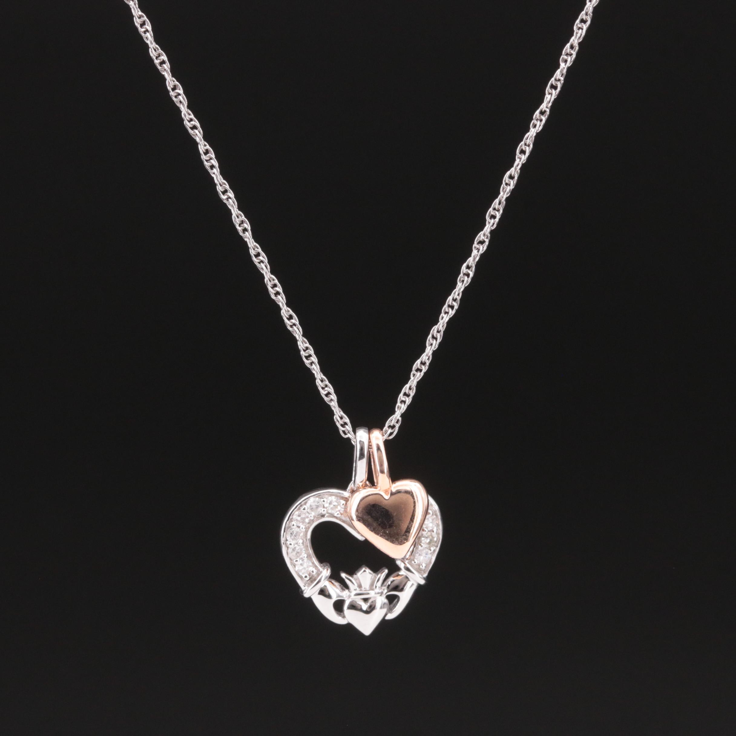 Sterling Diamond Calladagh Hearts Pendant Necklace with 10K Rose Gold Accent