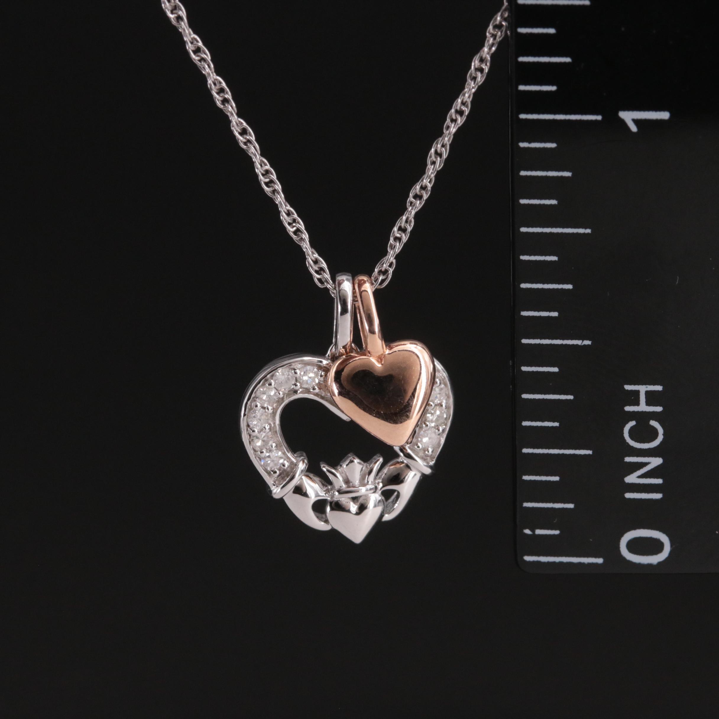 Sterling Diamond Calladagh Hearts Pendant Necklace with 10K Rose Gold Accent