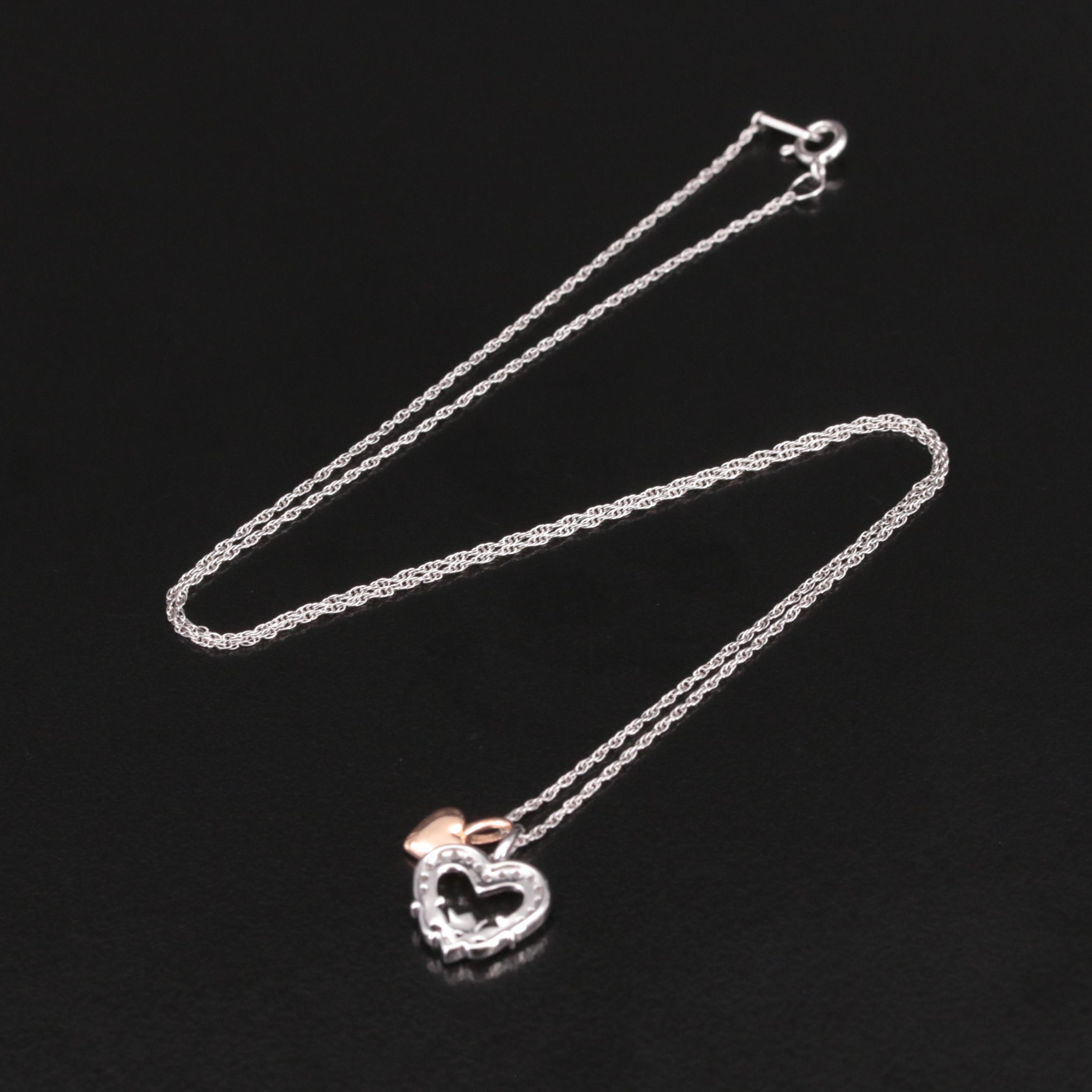 Sterling Diamond Calladagh Hearts Pendant Necklace with 10K Rose Gold Accent