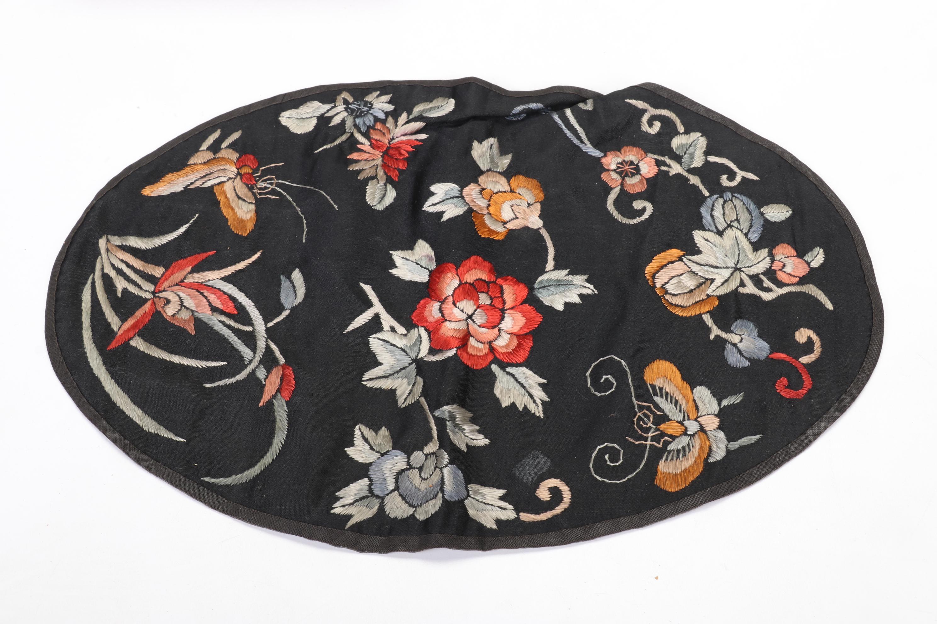 Chinese Cloisonné Vases, Carved Faux Cinnabar Trinket Box and Embroidered Silk