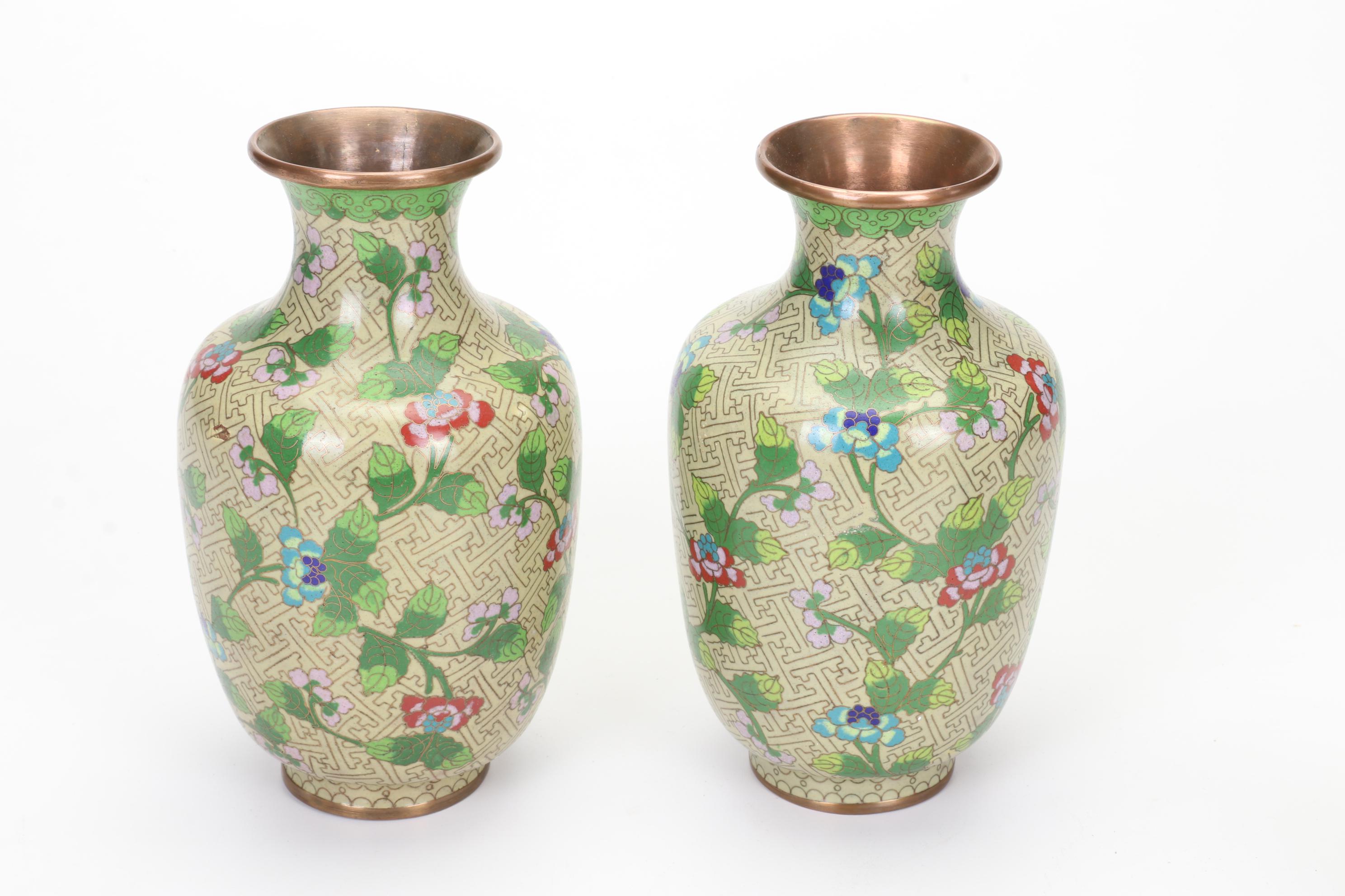 Chinese Cloisonné Vases, Carved Faux Cinnabar Trinket Box and Embroidered Silk